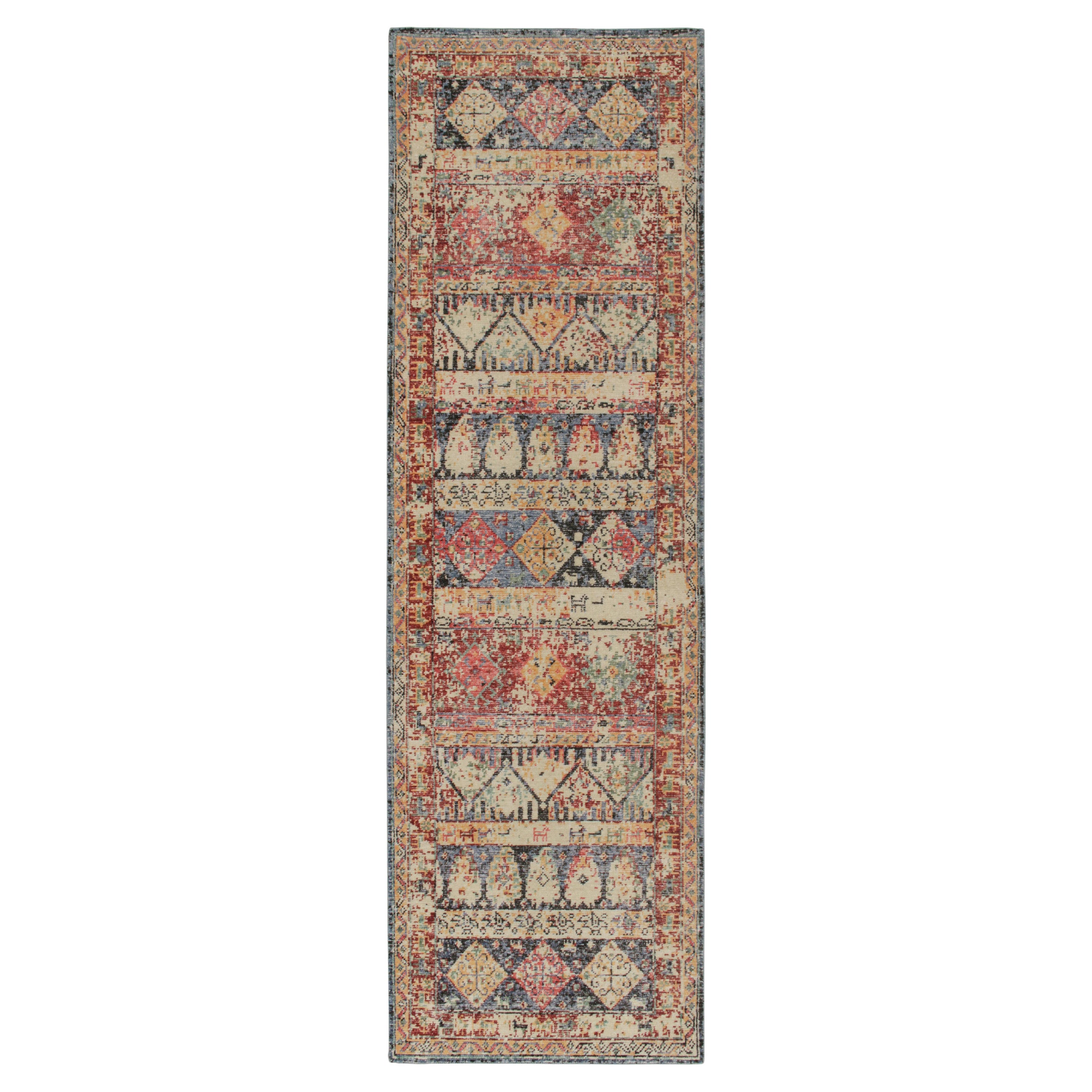 Rug & Kilim’s Distressed Tribal Style Runner in Polychromatic Geometric Patterns For Sale