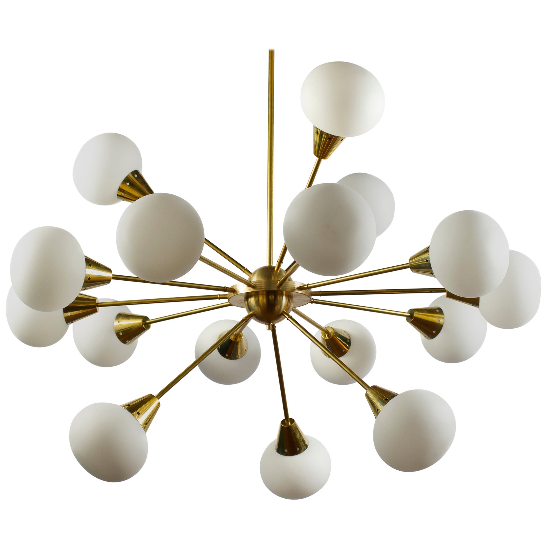 Striking Brass and Opaline Murano Glass Large Sputnik Chandelier Italy 1970' For Sale