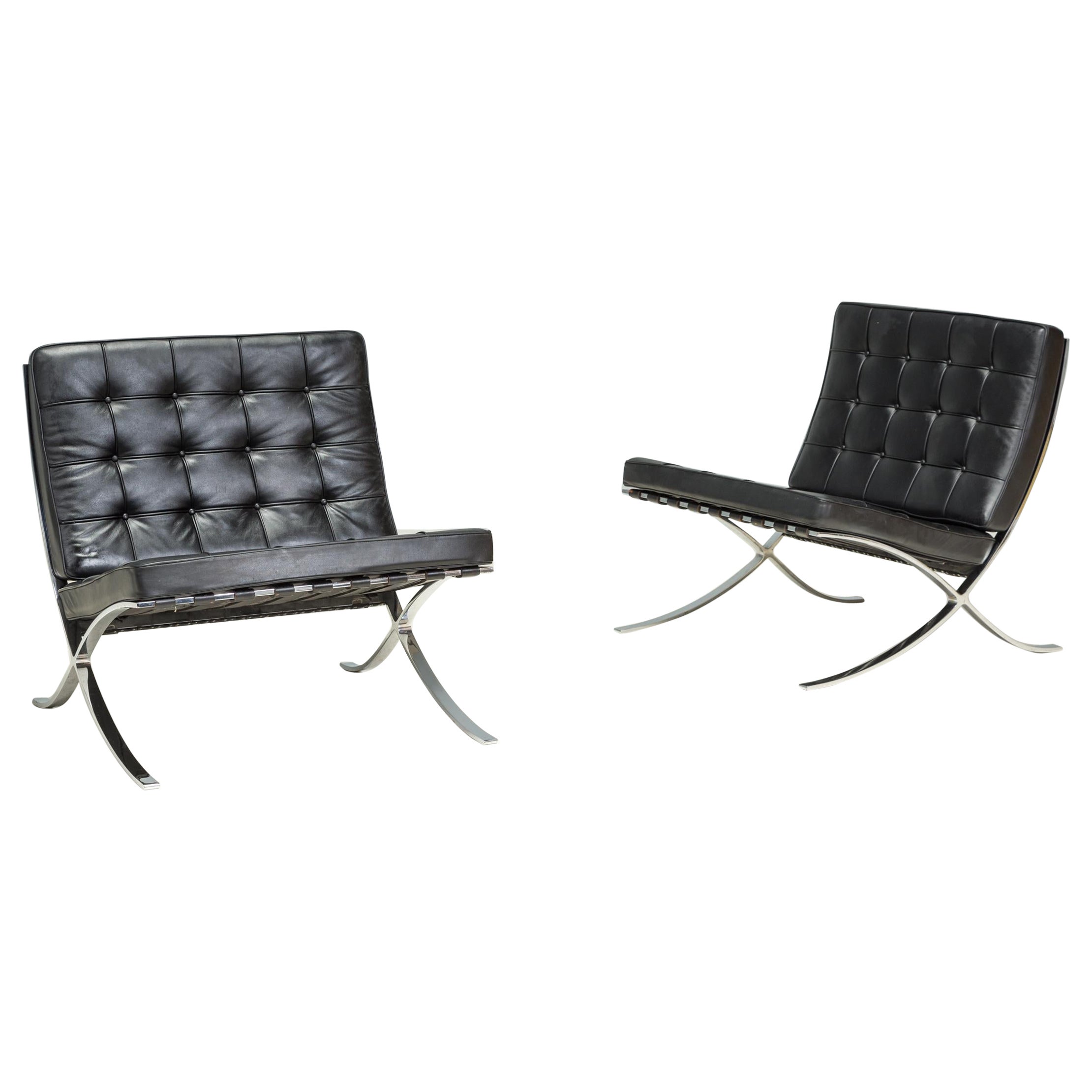 Knoll by Mies Van der Rohe & Reich Black Leather Barcelona Armchairs, Set Of 2