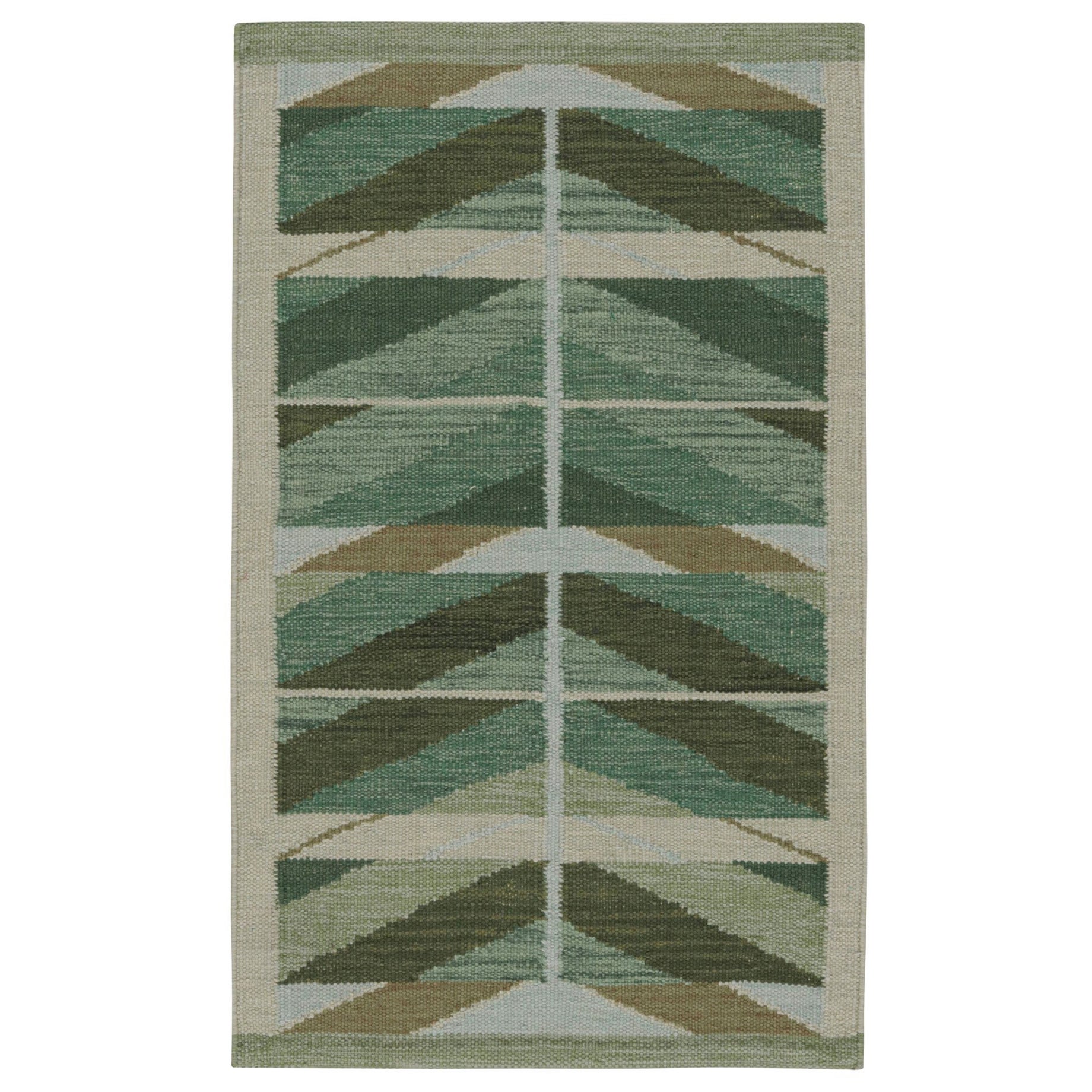 Rug & Kilim’s Scandinavian Style Kilim with Geometric Patterns in Tones of Green For Sale