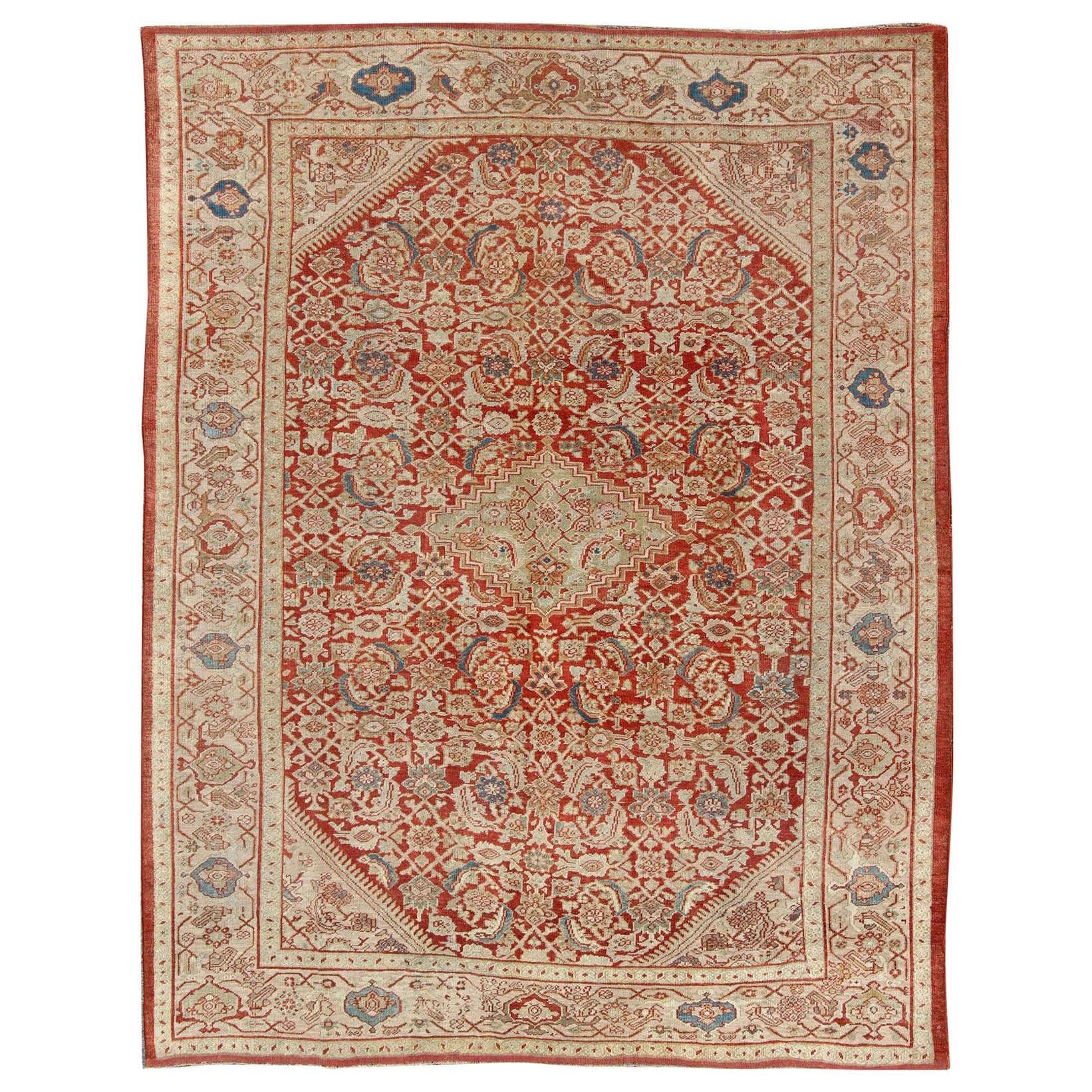 Antiker persischer Sultanabad-Teppich in Rot, Grün, Blau, Taupe und Creme