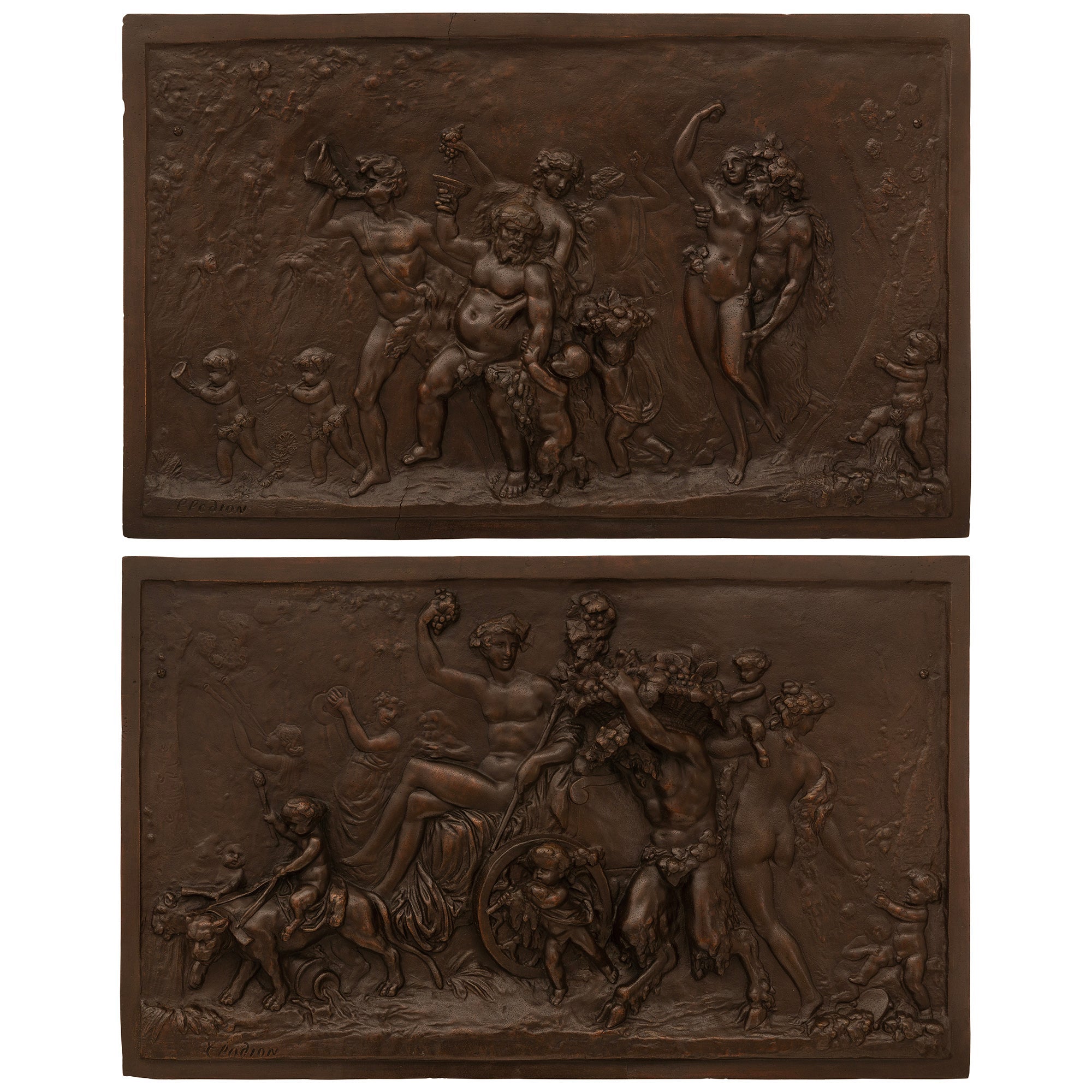 Pair Of French 19th Century Patinated Bronze Plaques, After A Model By Clodion For Sale