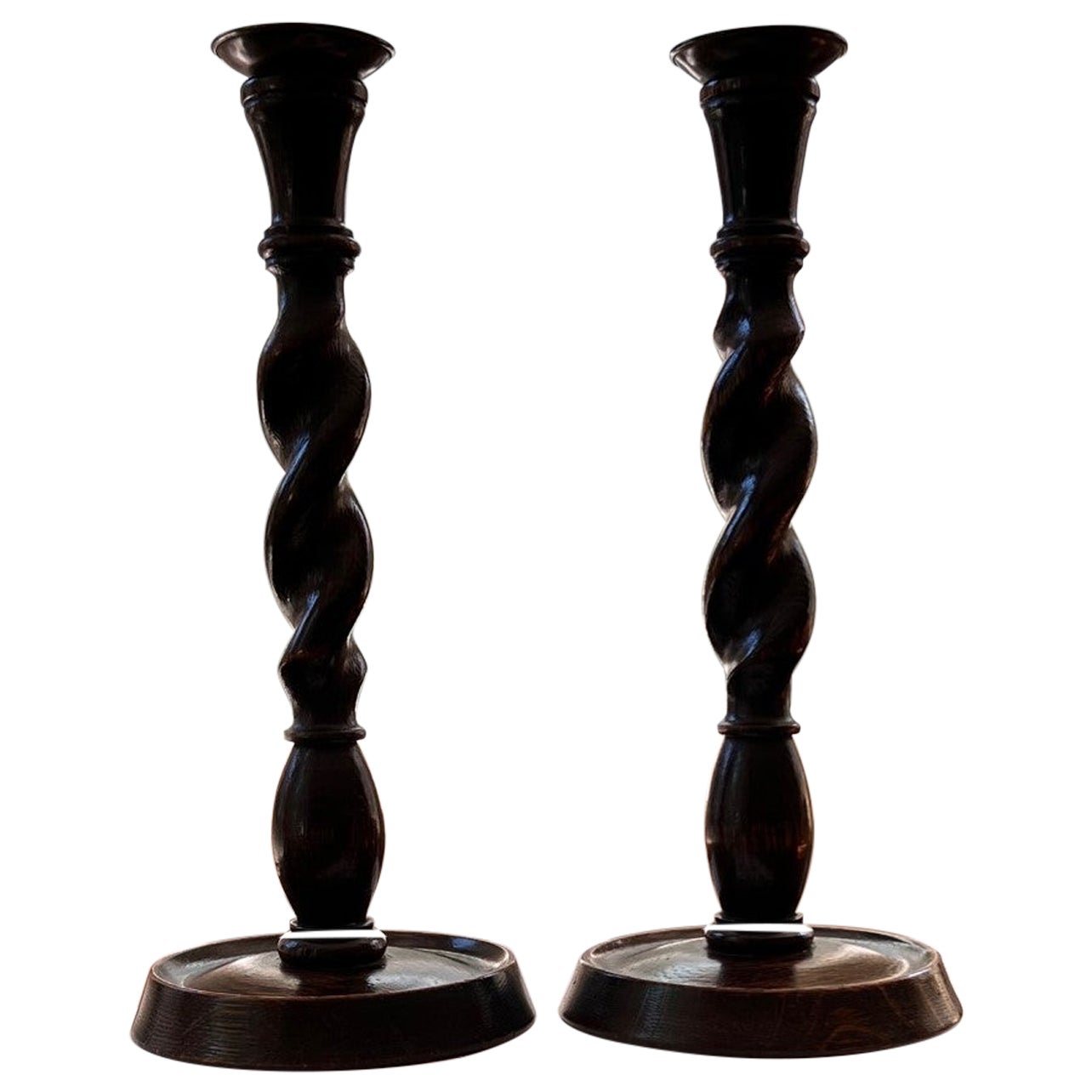 Pair of Jacobean Revival Oak Barley Twist Candlesticks