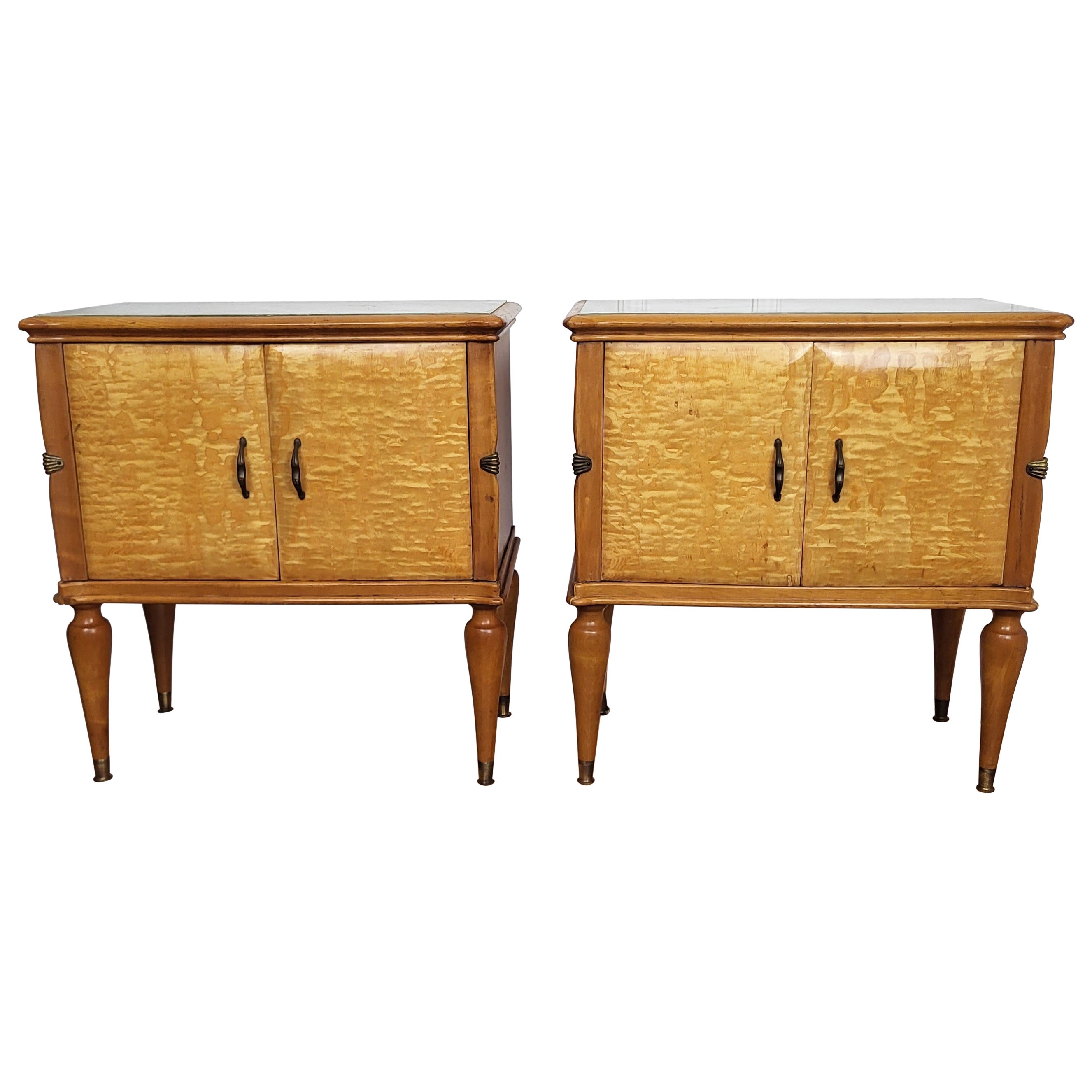 Pair of Italian Mid-Century Modern Nightstands Bedside Tables Maple & Glass Top