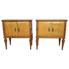 Pair of Italian Mid-Century Modern Nightstands Bedside Tables Maple & Glass Top