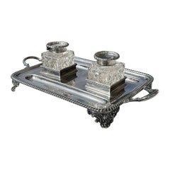 Vintage Silver and Glass Double Inkwell & Tray by Parsons Brothers for Tessier London 