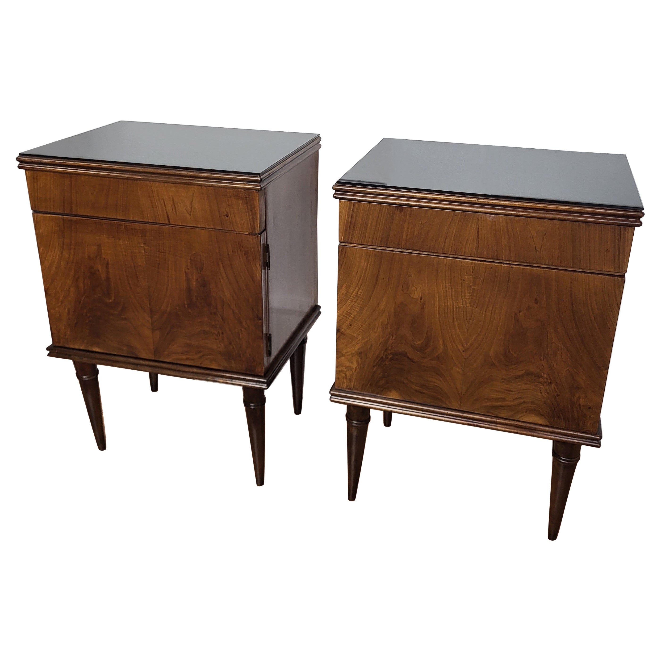 Pair of 1960s Italian Midcentury Nightstands Bed Side Tables in Wood Glass Top For Sale