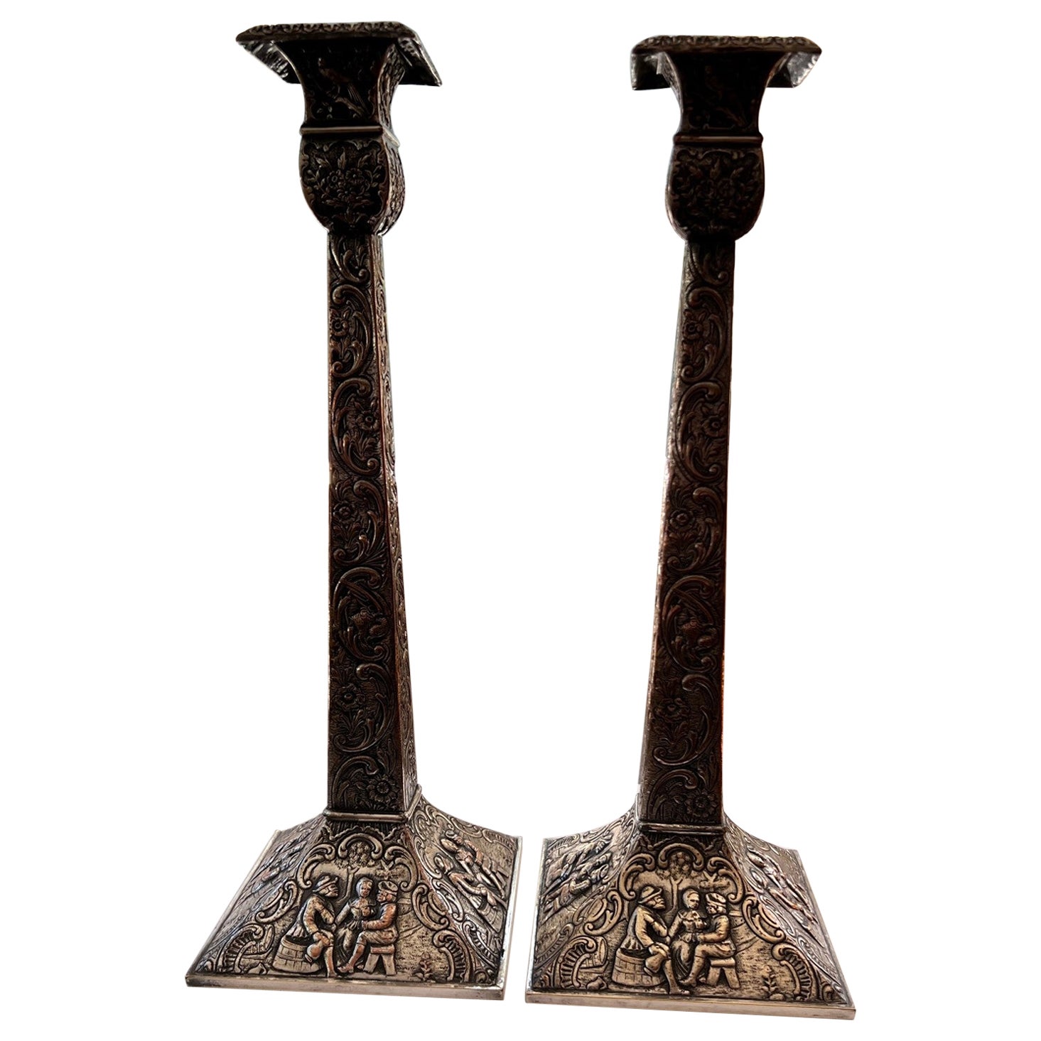 Antique Pair of E.G. Webster and Son. Silverplate Repoussé Tavern Candlesticks For Sale