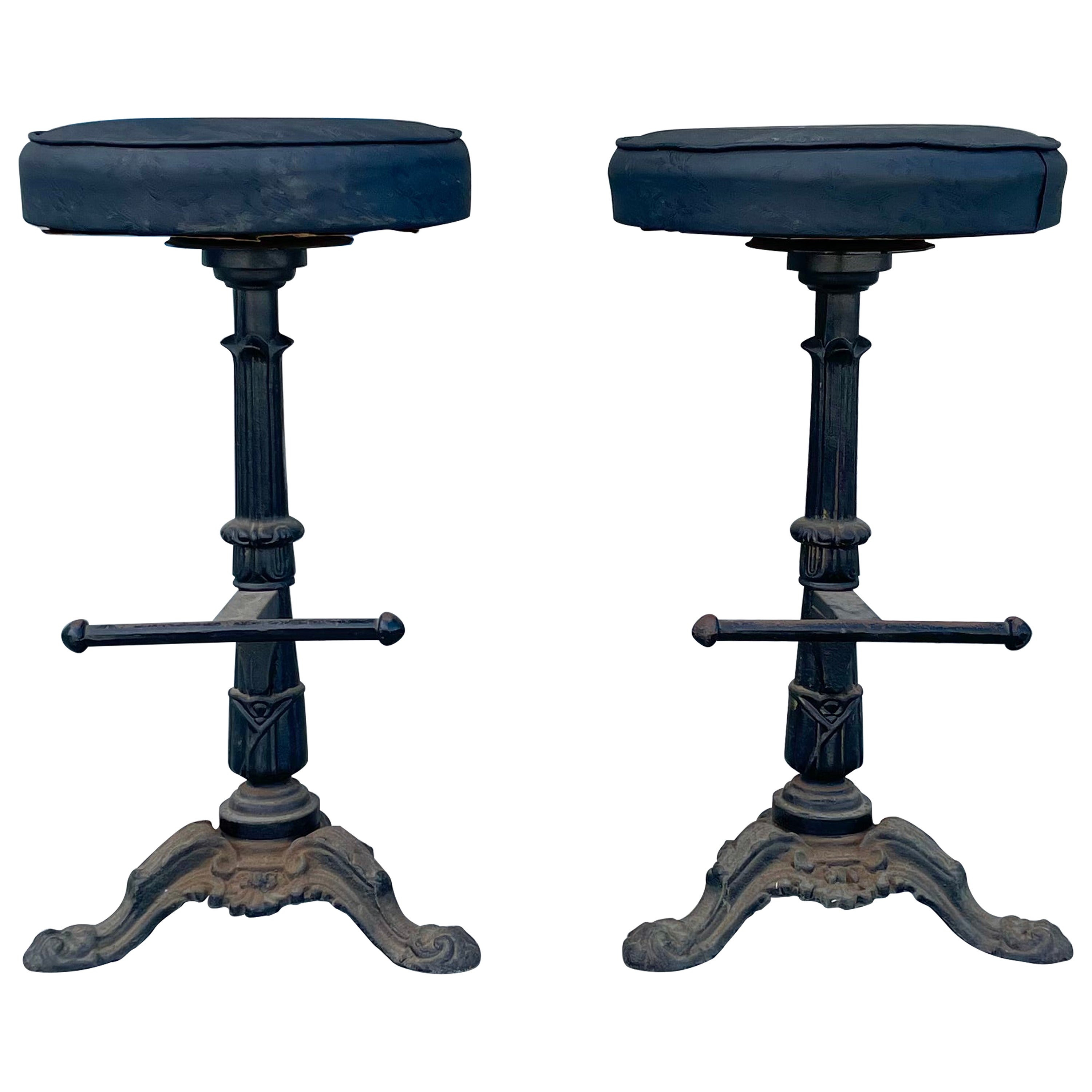 Early 1900s Vintage Heavy Cast Iron Bar Stools- a Pair For Sale