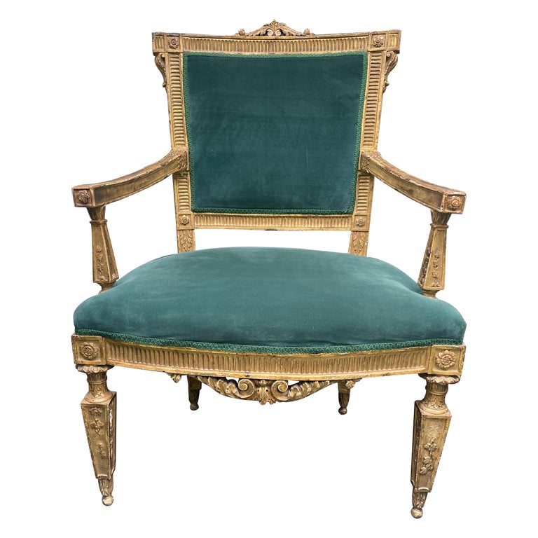 Late 19th C French Louis XVI Style Reupholstered Faux Leather Silk Taffeta  Dining Chairs - Set of 6