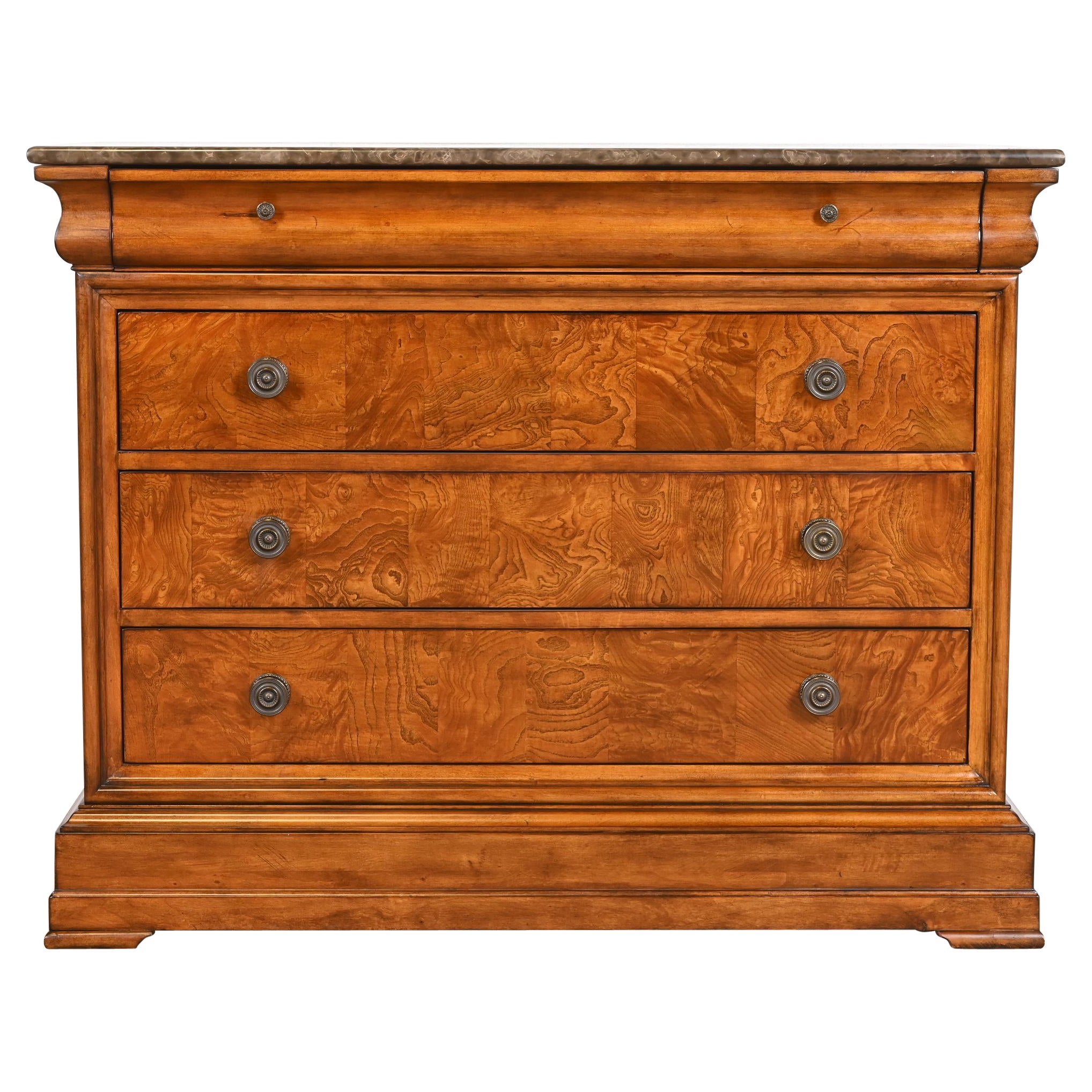 French Louis Philippe Cherry and Burl Wood Marble Top Chest of Drawers