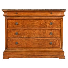 Commode française Louis Philippe en cerisier et ronce de bois avec dessus en marbre