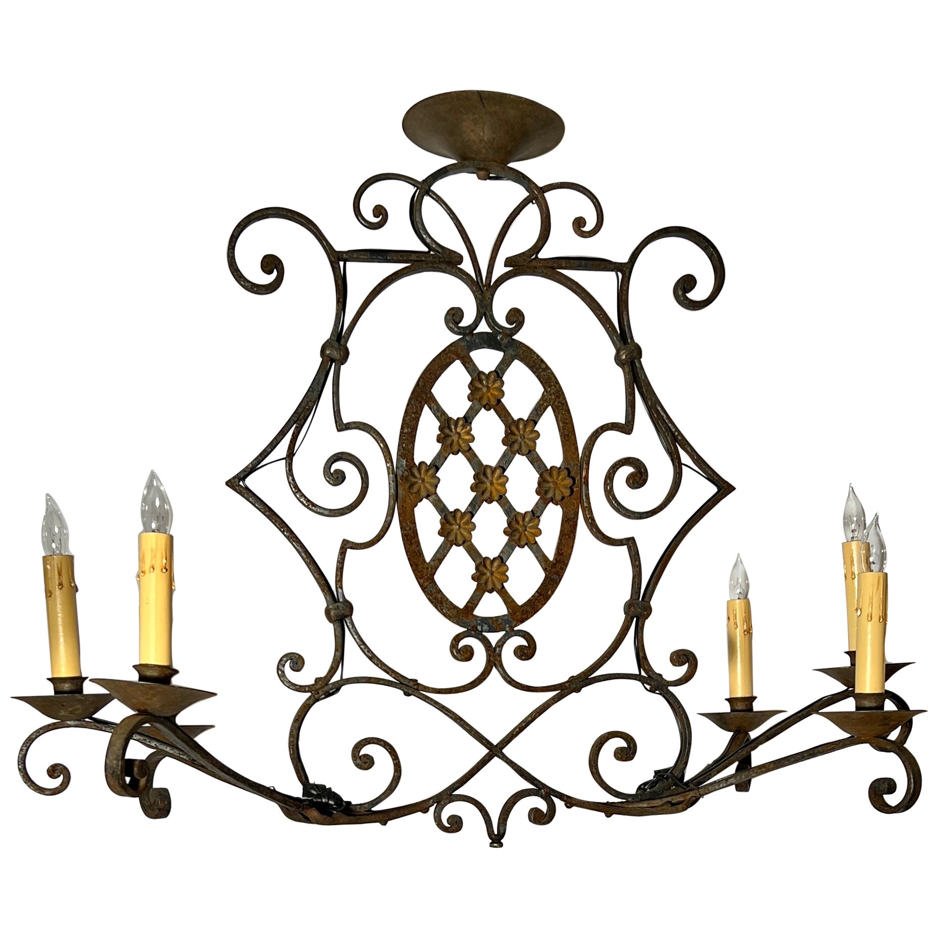 Antique French Wrought  Iron 6 Light Chandelier, Circa 1880. For Sale