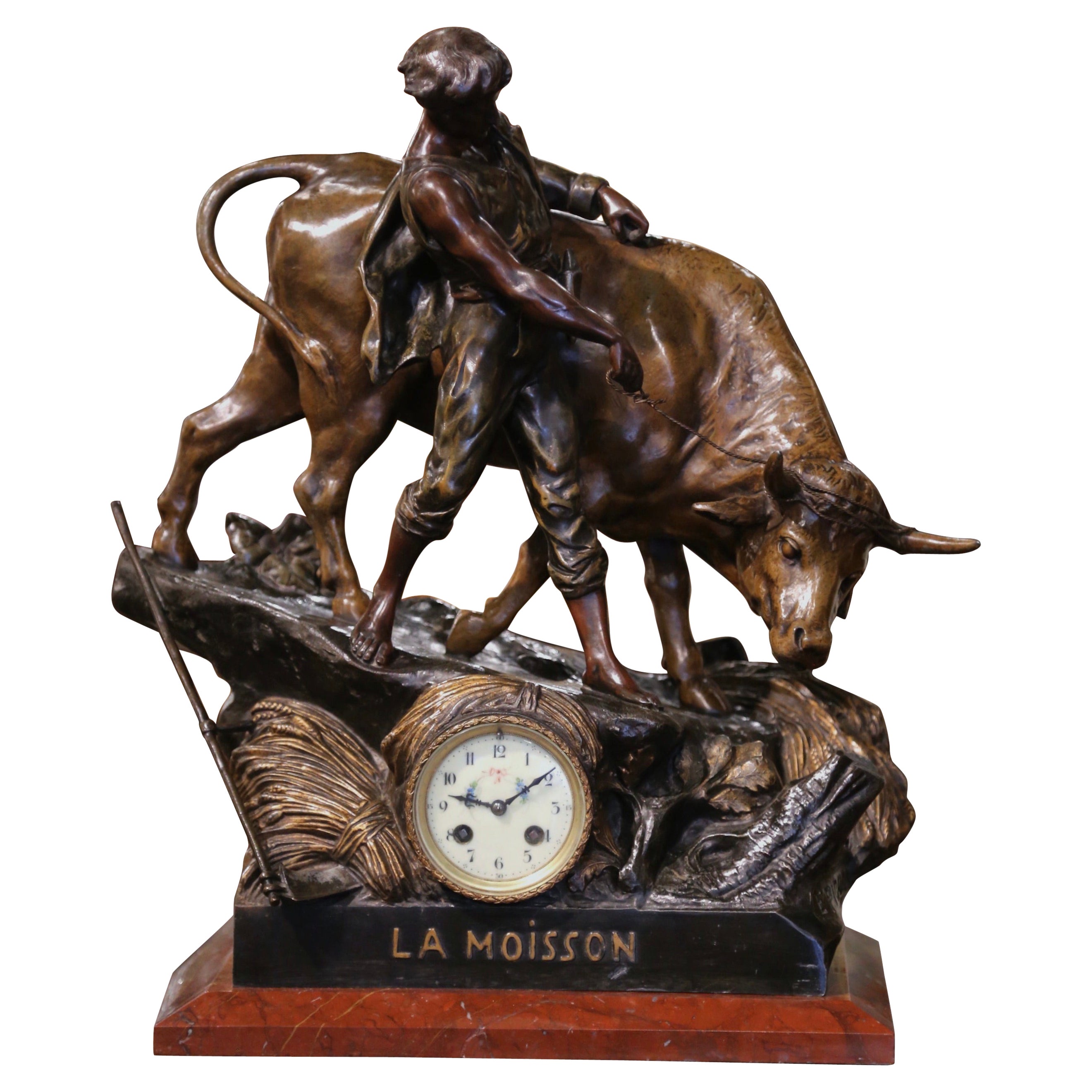 19th Century French Spelter Clock and Cow Composition Signed E. Picault For Sale
