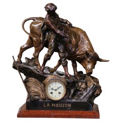 19th Century French Spelter Clock and Cow Composition Signed E. Picault