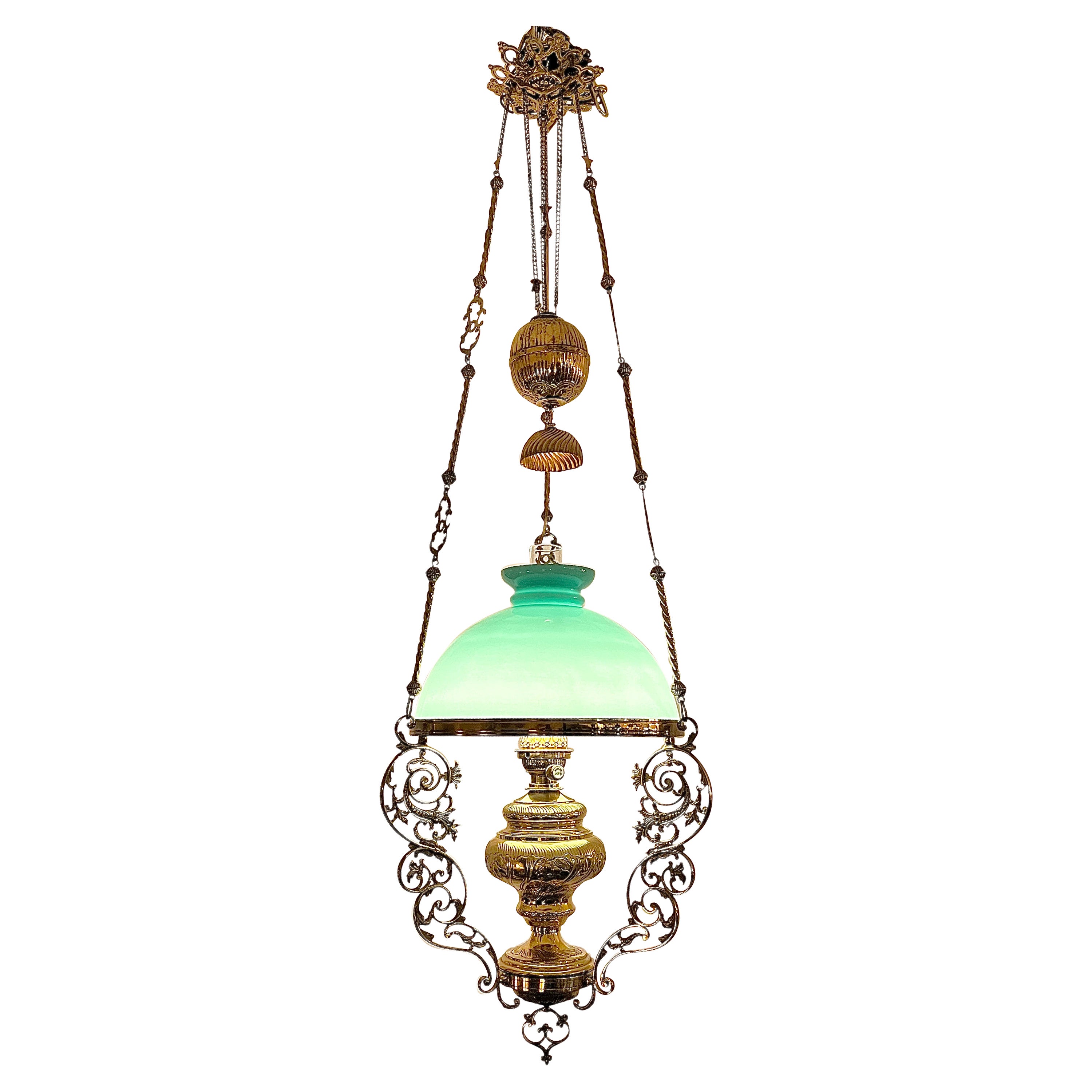 Antique French Brass & Opaline Glass Oil Light Suspension Lantern, Circa 1880. For Sale