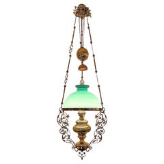 Antique French Brass & Opaline Glass Oil Light Suspension Lantern, Circa 1880.
