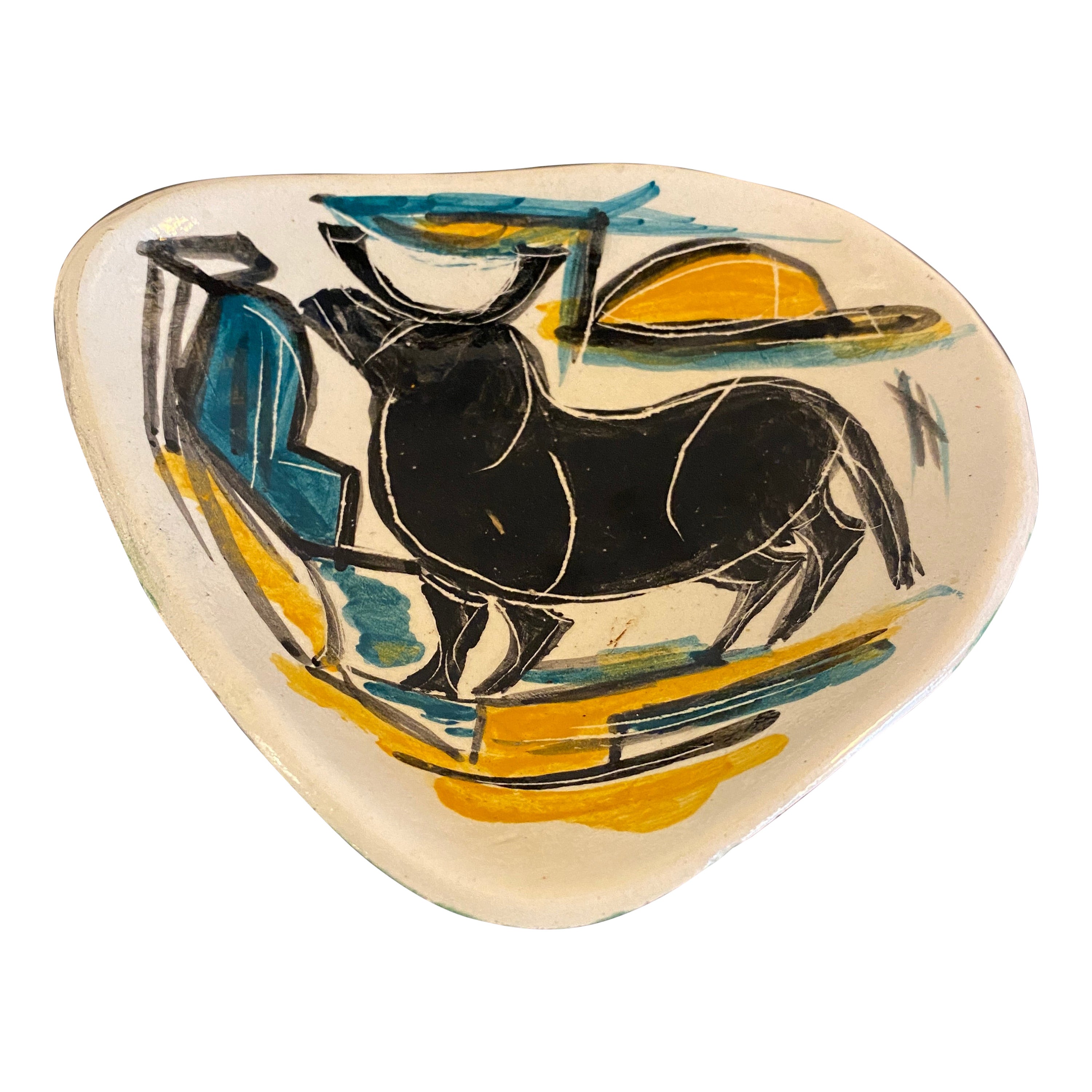 Mid-Century Modern Abstract Bull Art Pottery Ceramic Tray