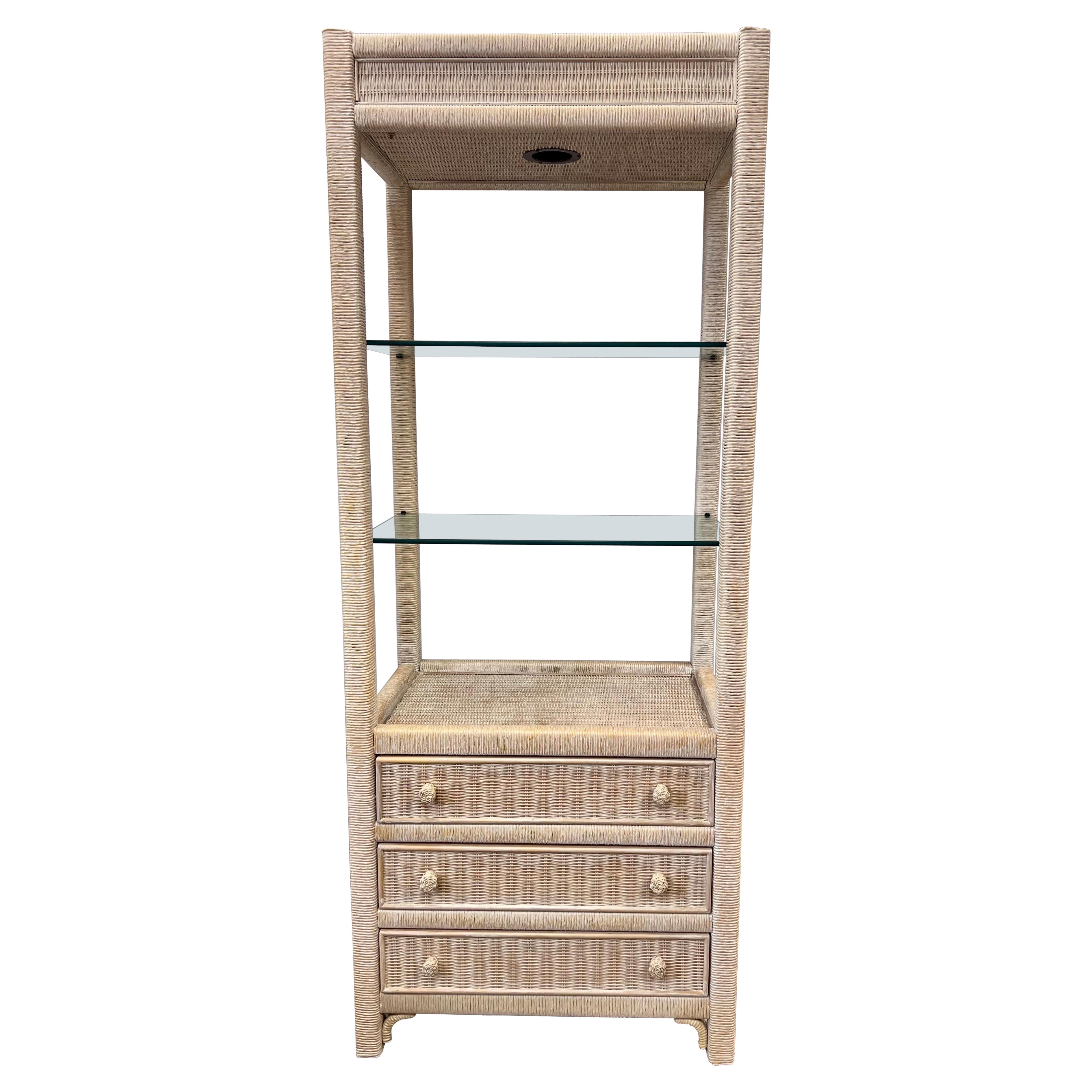 Henry Link Wicker Bookcase Etagere Etegere With Drawers For Sale