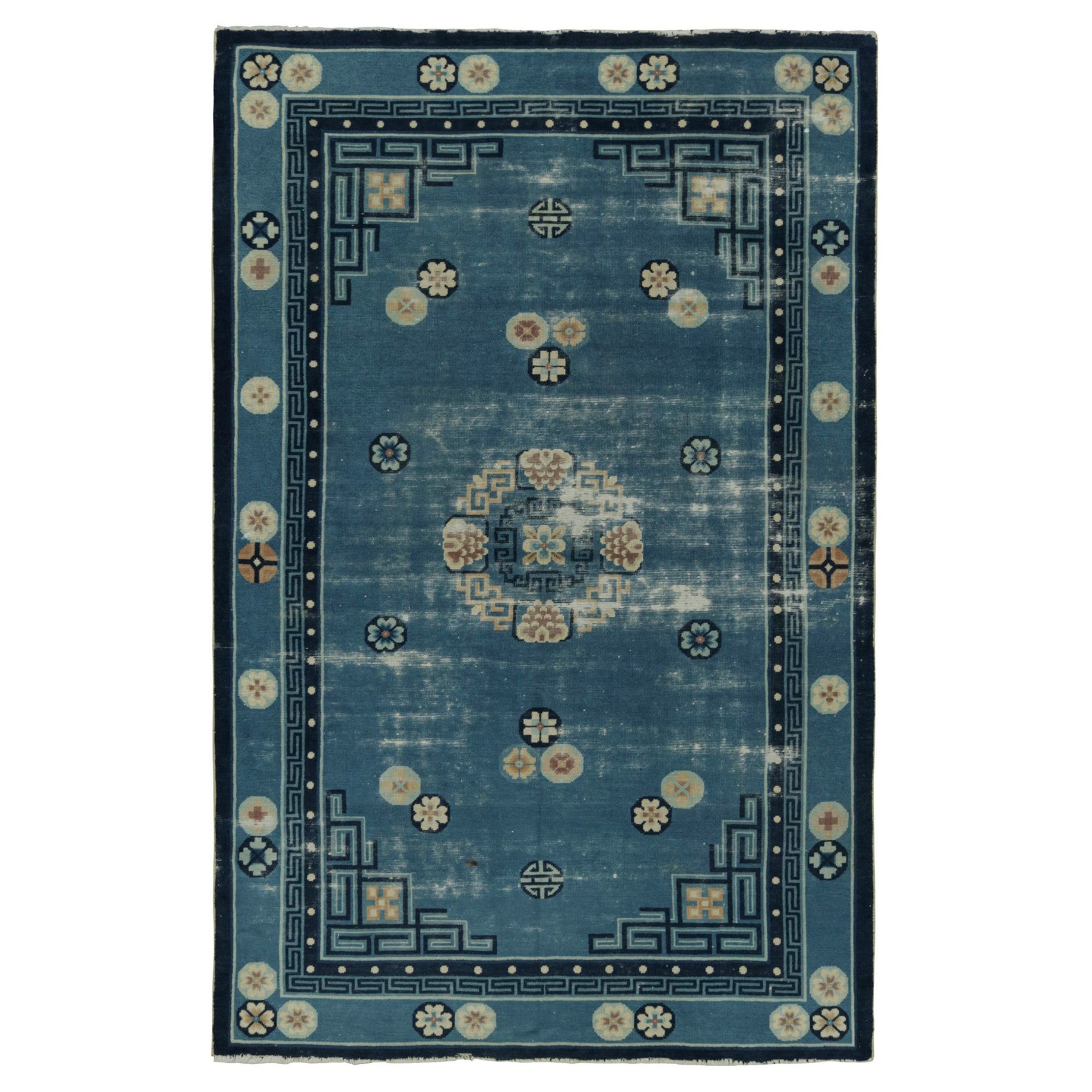 Blue Antique Chinese Peking Art Deco Rug with Floral Patterns, from Rug & Kilim