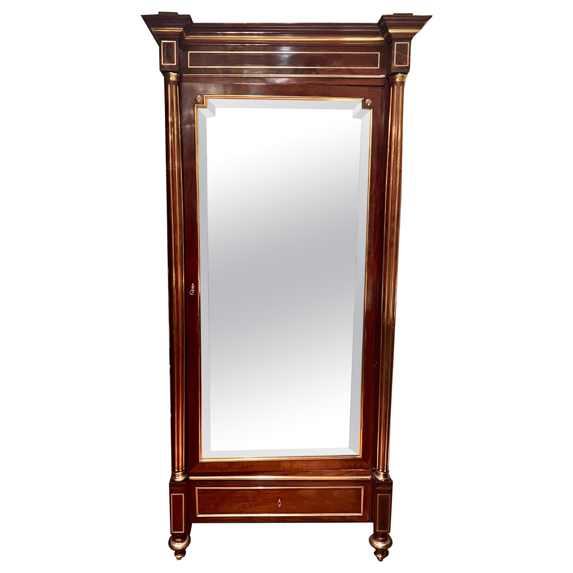 Antique French Regency Brass Mounted Mahogany & Beveled Mirror Armoire, Ca. 1880 For Sale
