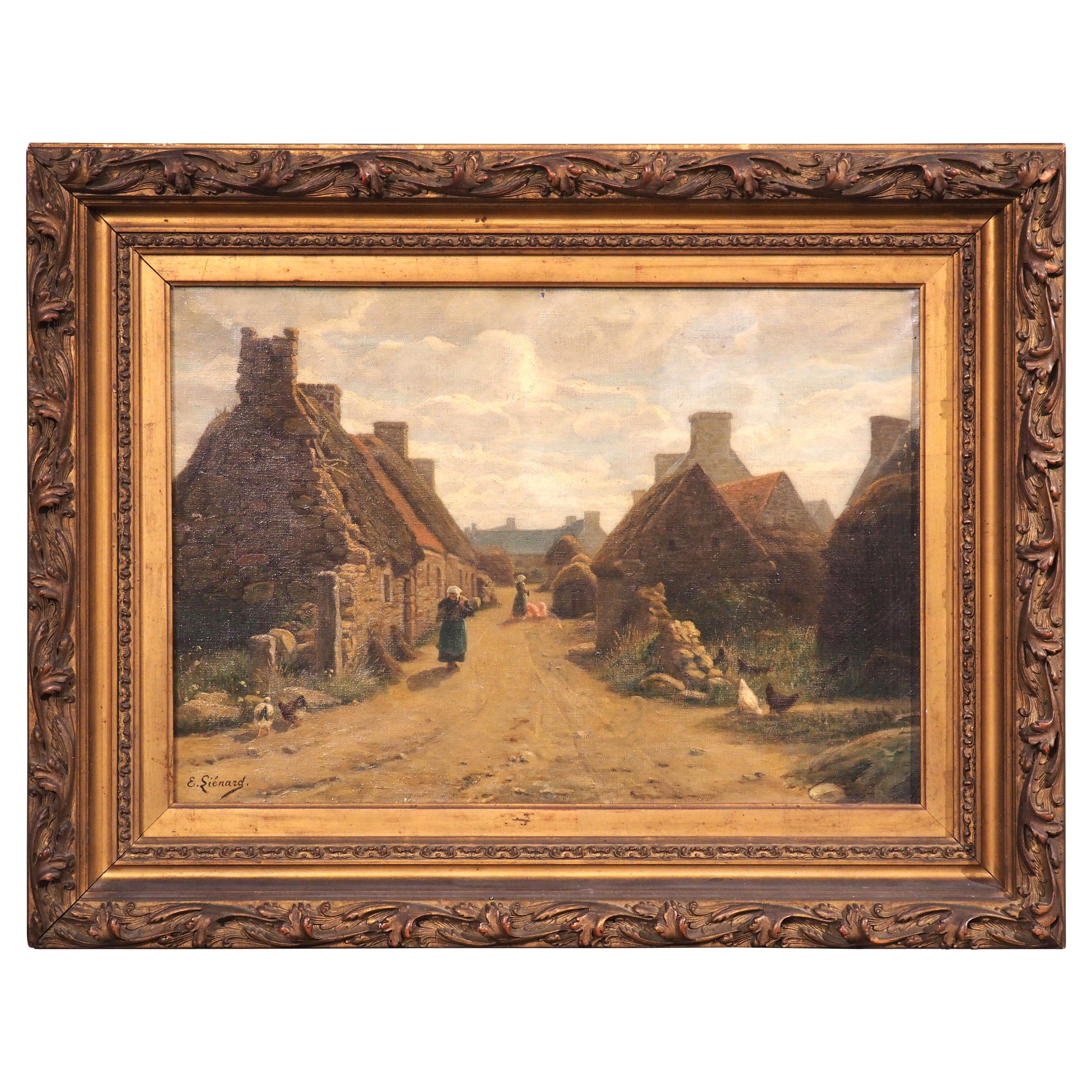 Peinture à l'huile française ancienne, scène de village de ferme par Emile Lienard, fin des années 1800