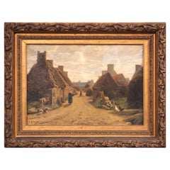 Antique French Oil Painting, A Farm Village Scene by Emile Lienard, Late 1800s