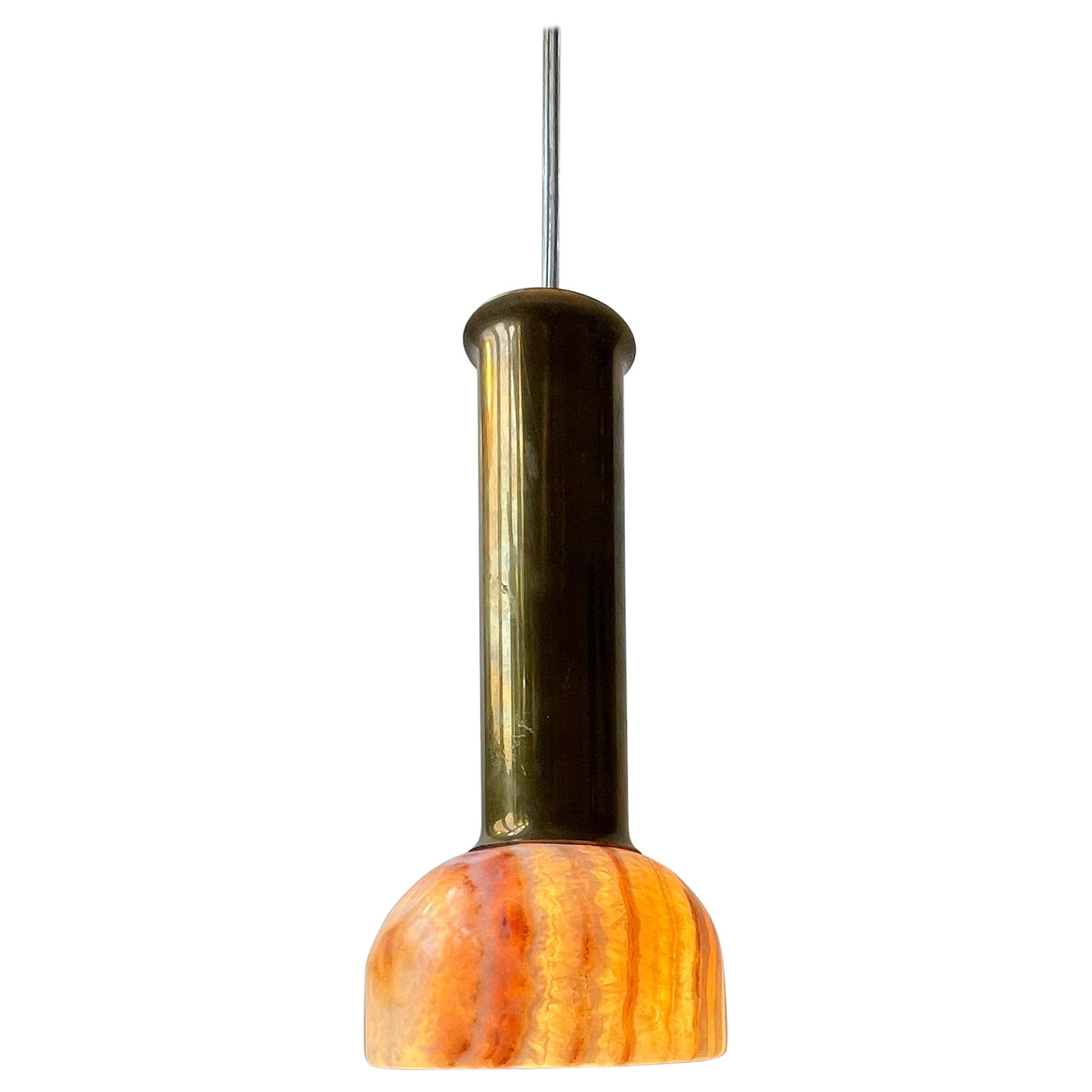 Italian Modern Onyx Marble and Brass Small Hanging Lamp, 1970s For Sale