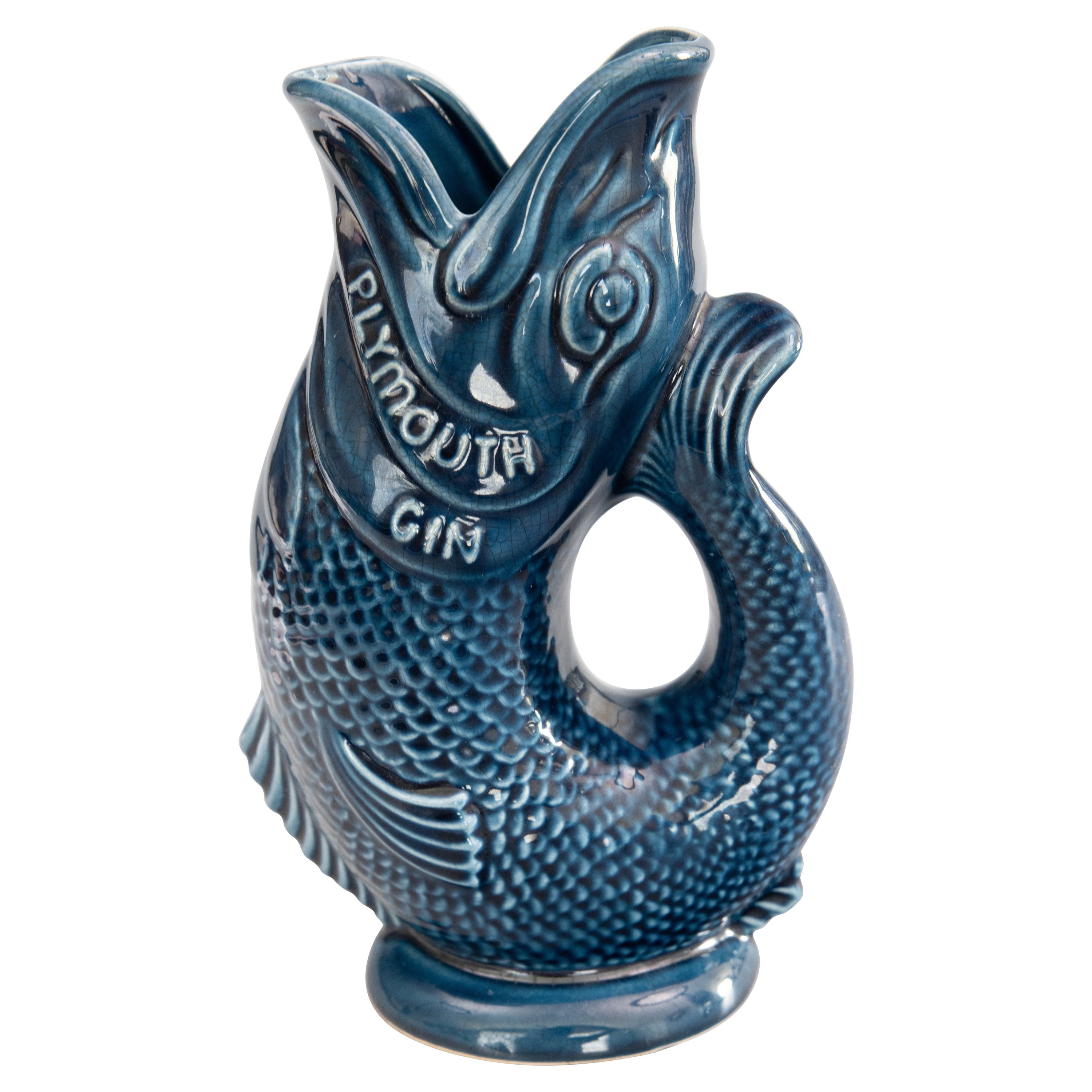 Mid-20th Century English Majolica Blue Gurgling Fish "Plymouth Gin" Pitcher Jug For Sale