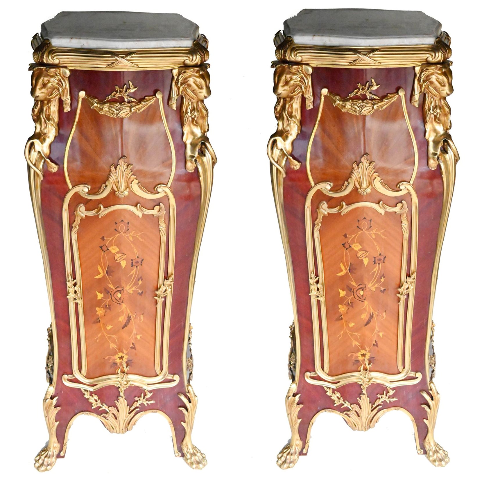 Pair Linke Pedestal Stands French Inlay Ormolu For Sale