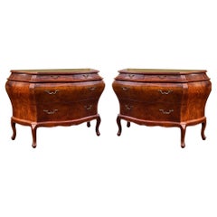 1970 French Style Italian Burlwood And Brass Commodes / Chest Of Drawers - Pair
