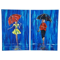2 Michael Tolleson Robles Women Walking w Umbrellas in Rain Oil Paintings 36"