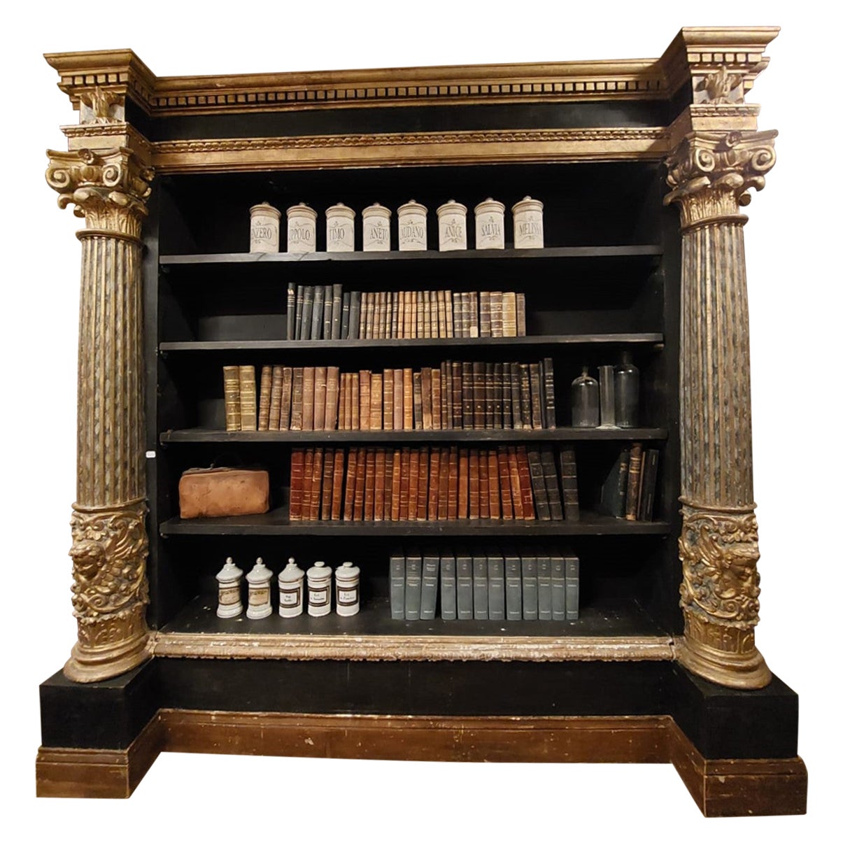Lacquered bookcase with carved and gilded columns, Italy For Sale