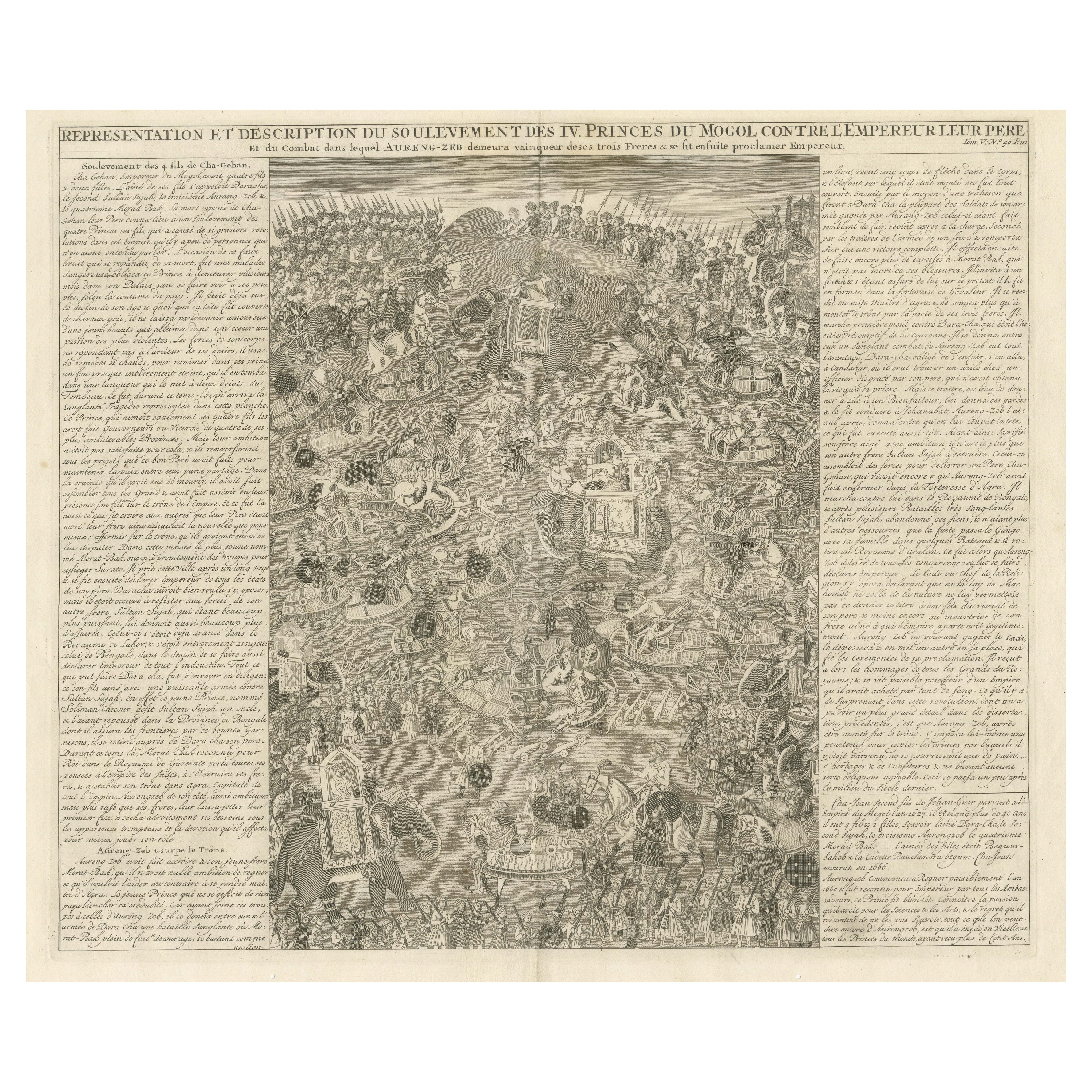 Antique Print of a Grand Battle between the Princes of the Mughal Empire For Sale