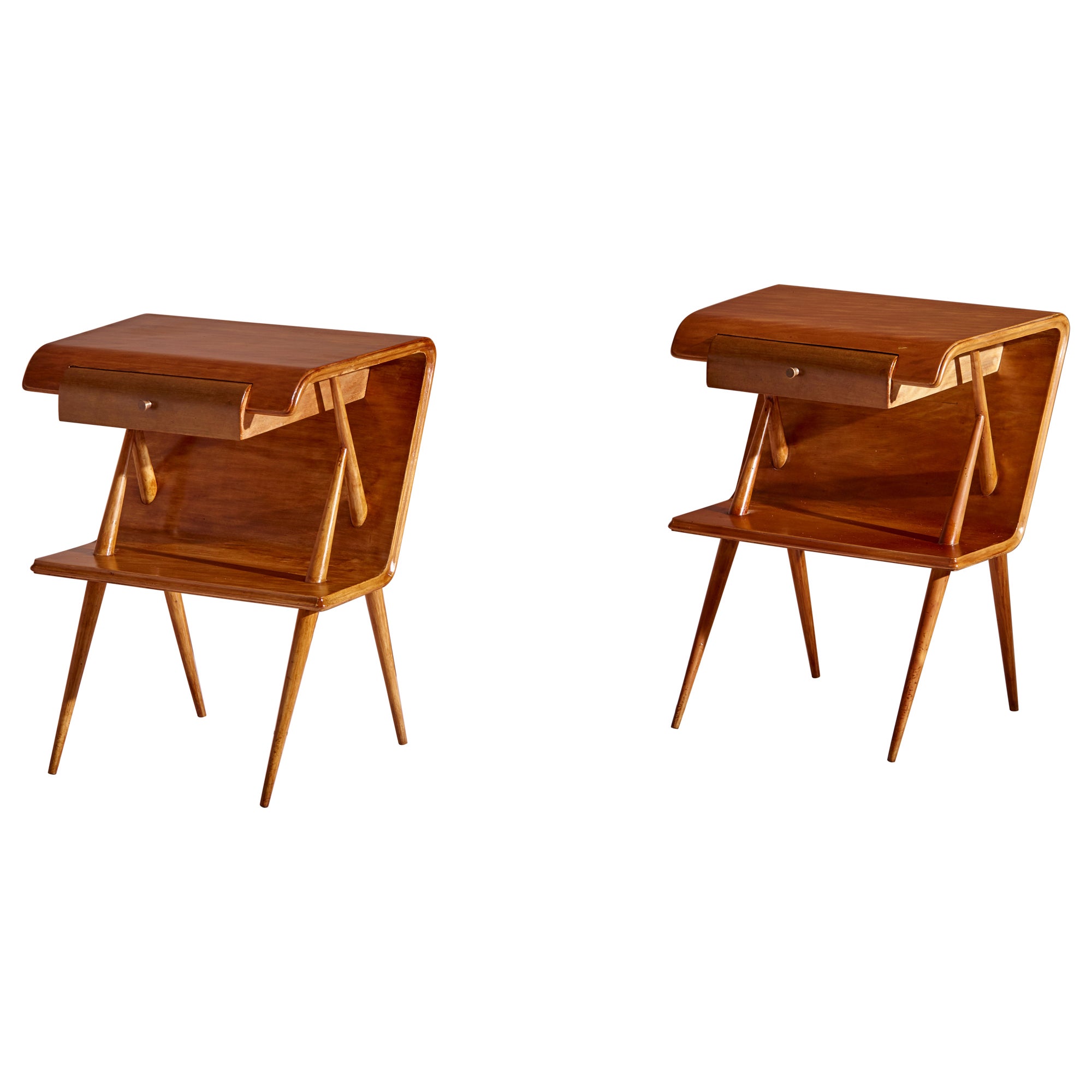 Pair of curved plywood bedside tables, Italy, 1950s For Sale