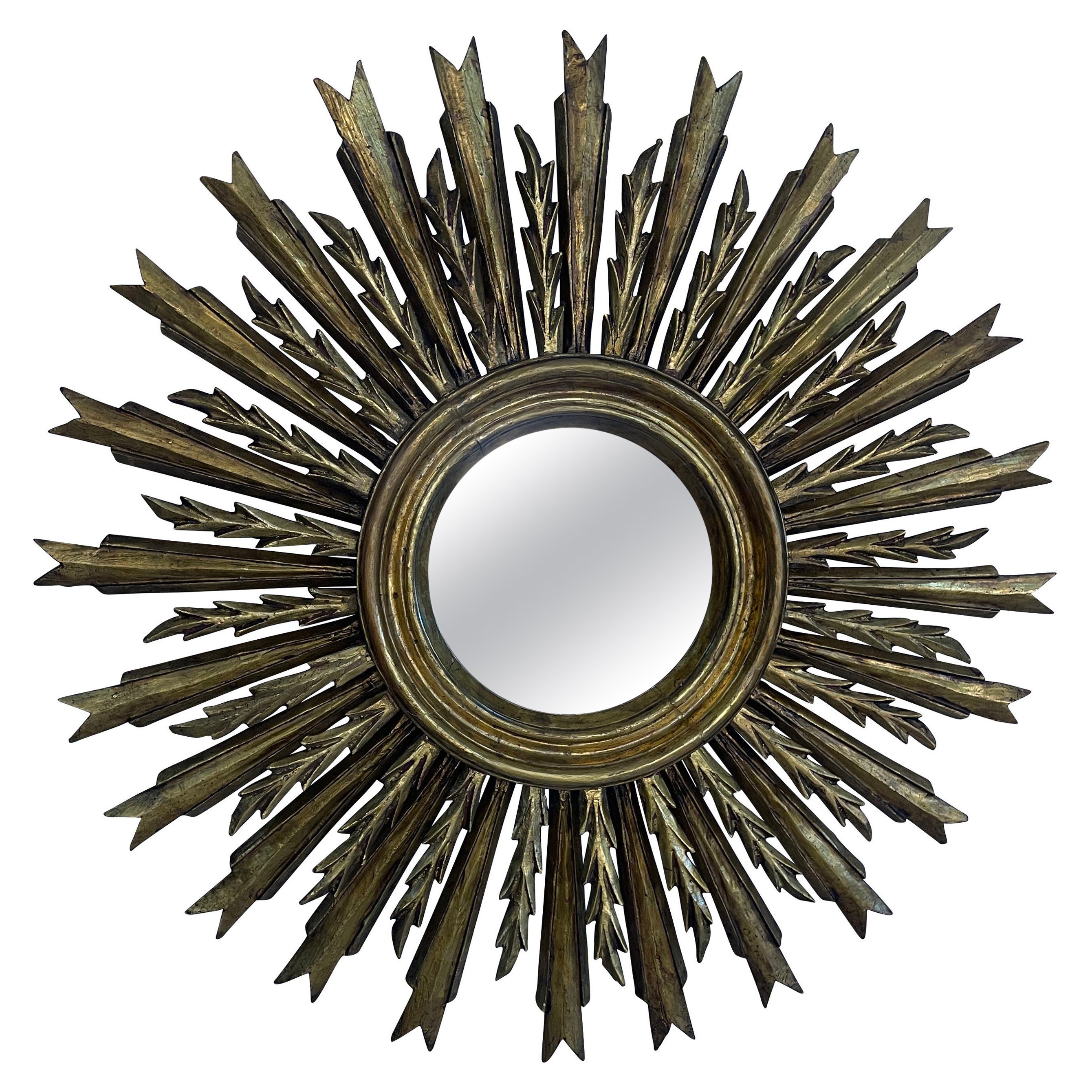 Antique Carved and Giltwood Mid Century French Starburst Mirror For Sale