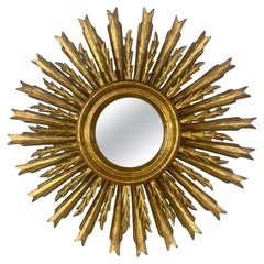 Antique Carved and Giltwood Mid Century French Starburst Mirror
