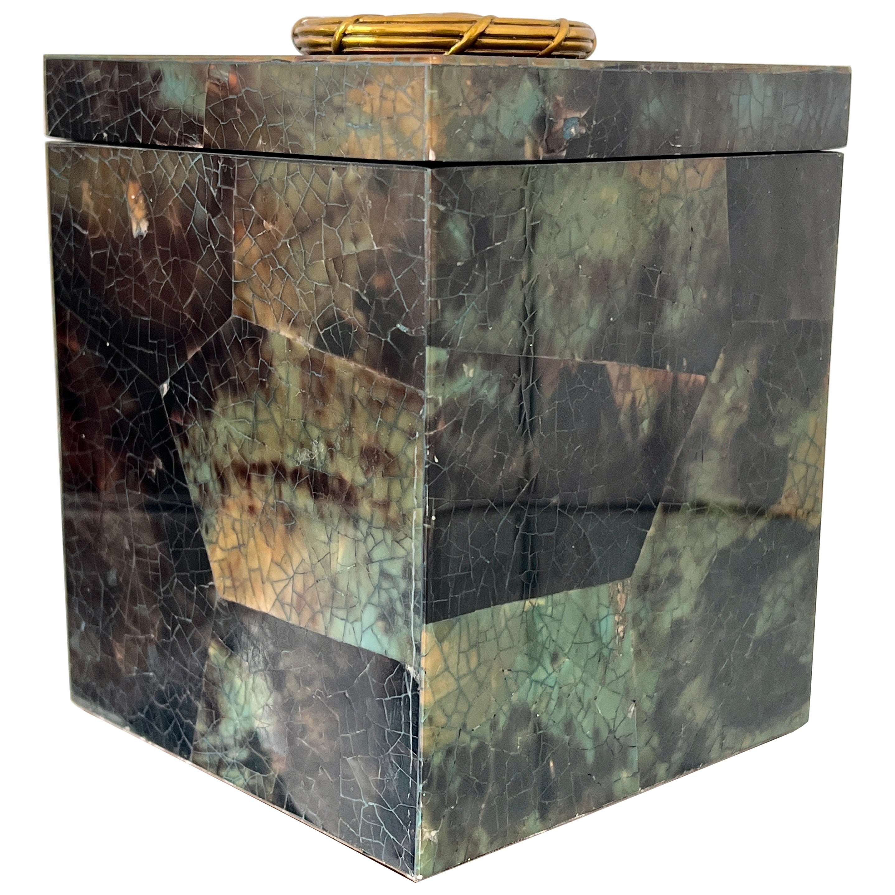 Mosaic Green Penshell Box with Brass Accent by Maitland Smith