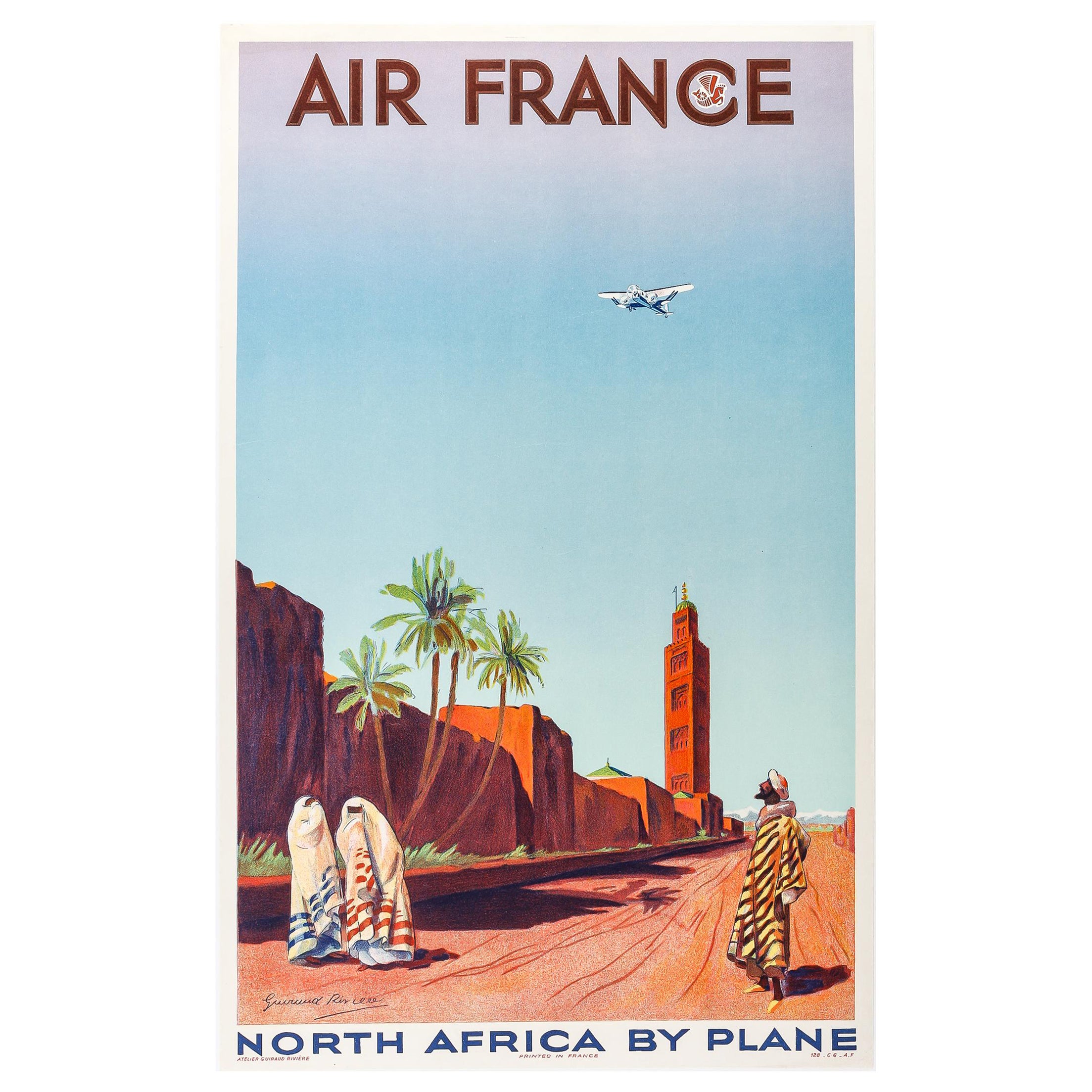 Original Air France Poster, North Africa by plane, Morocco Atlas, Koutoubia 1934
