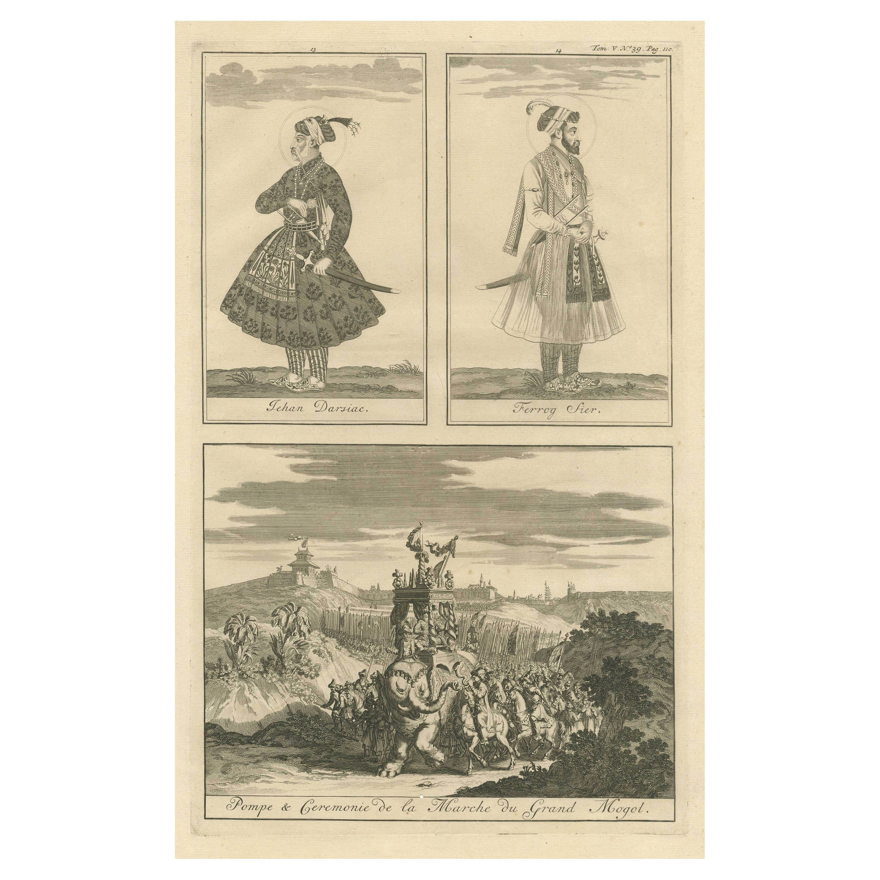 Antique Print of Portraits of Emperors and a Parade for the Grand Mogul
