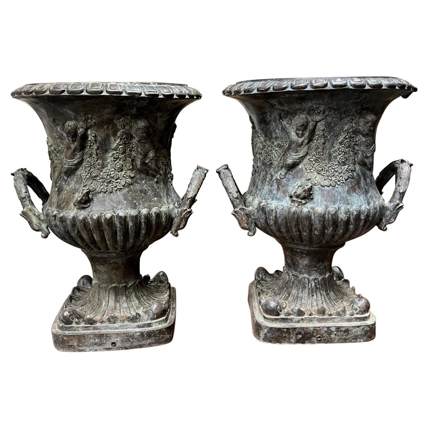 Decorative Pair of Bronze Urns with Handles  For Sale