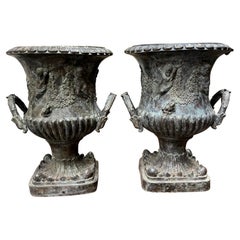 Decorative Pair of Bronze Urns with Handles 