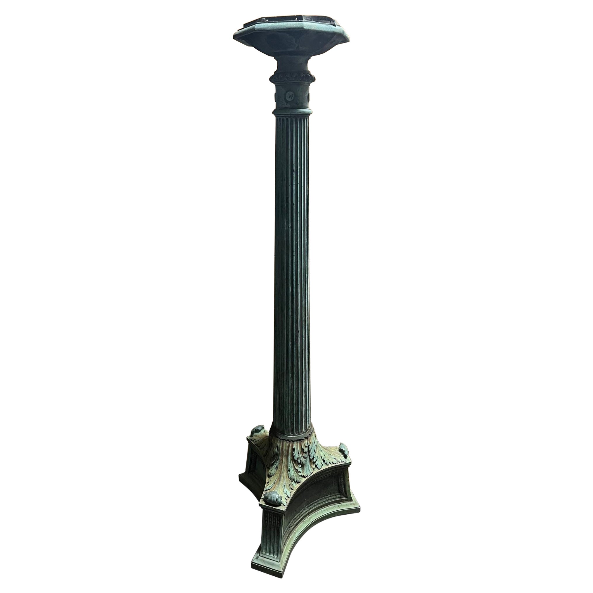 Early 20th Century Antique Bronze Fluted Lamp Post with a Triangular Base.   For Sale