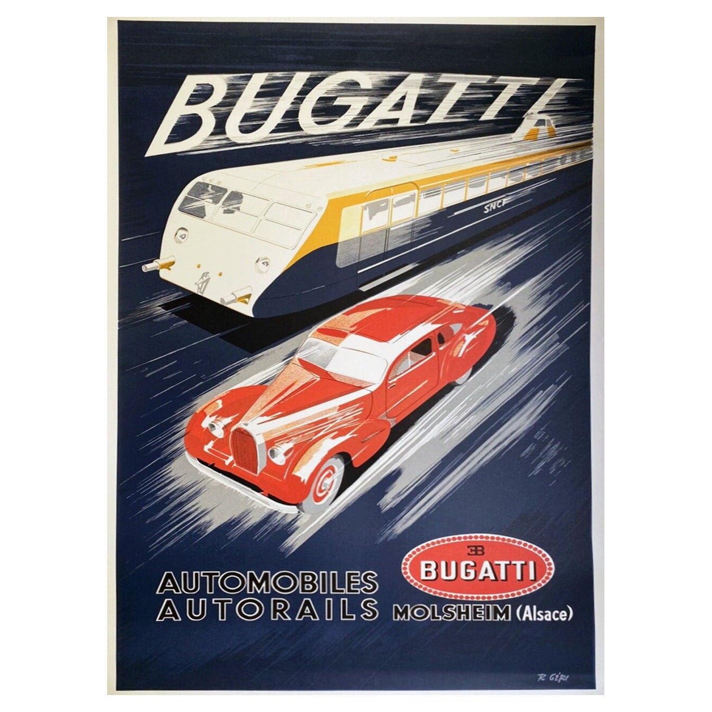 Affiche rétro originale de Bugatti, 1970