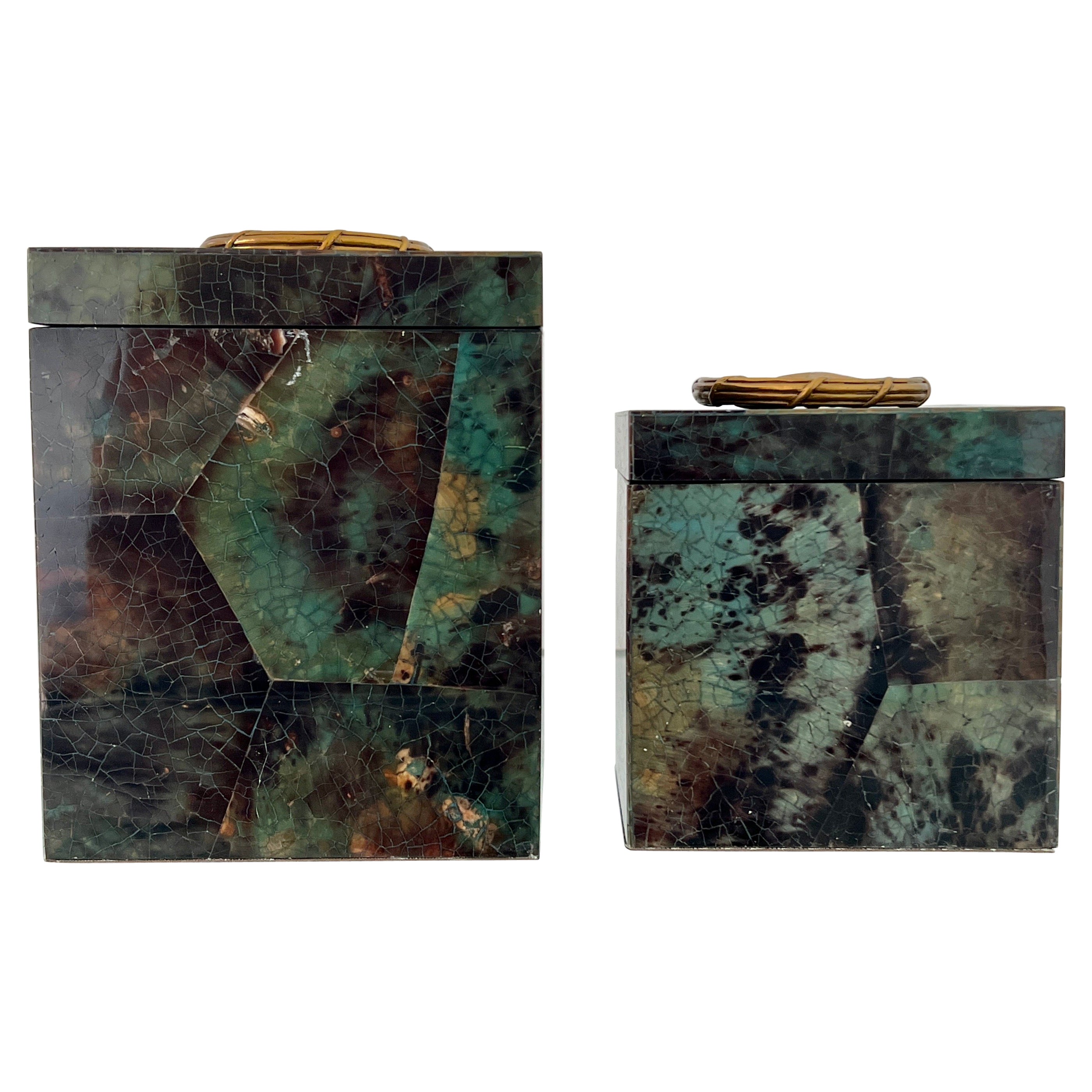 Set of Mosaic Green Penshell Boxes with Brass Accents by Maitland Smith For Sale