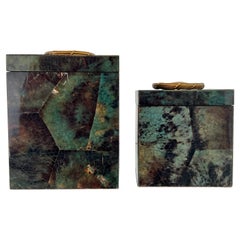 Set of Mosaic Green Penshell Boxes with Brass Accents by Maitland Smith