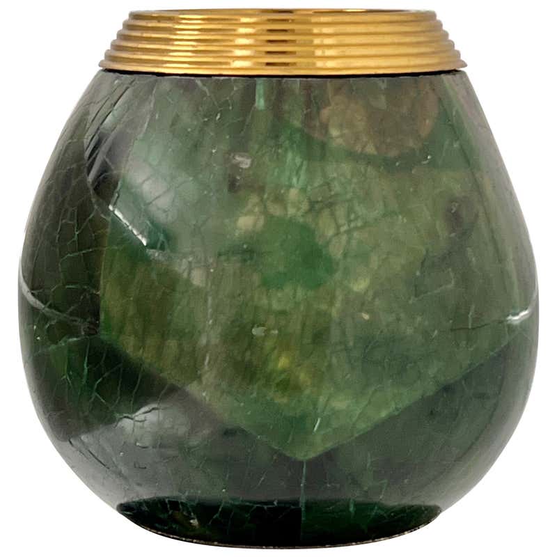 Pair of Mosaic Green Penshell Boxes with Brass Accents by Maitland ...