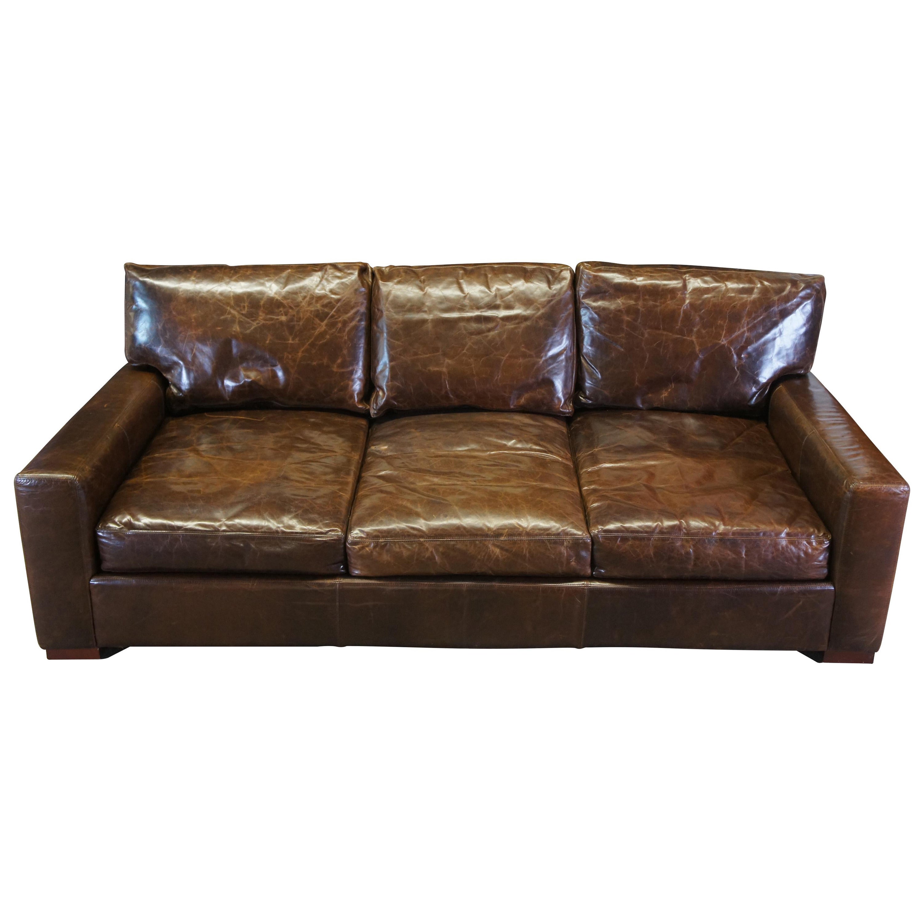 Restoration Hardware Maxwell Sofa Cocoa Brown Leather Minimalist Track Arm Couch