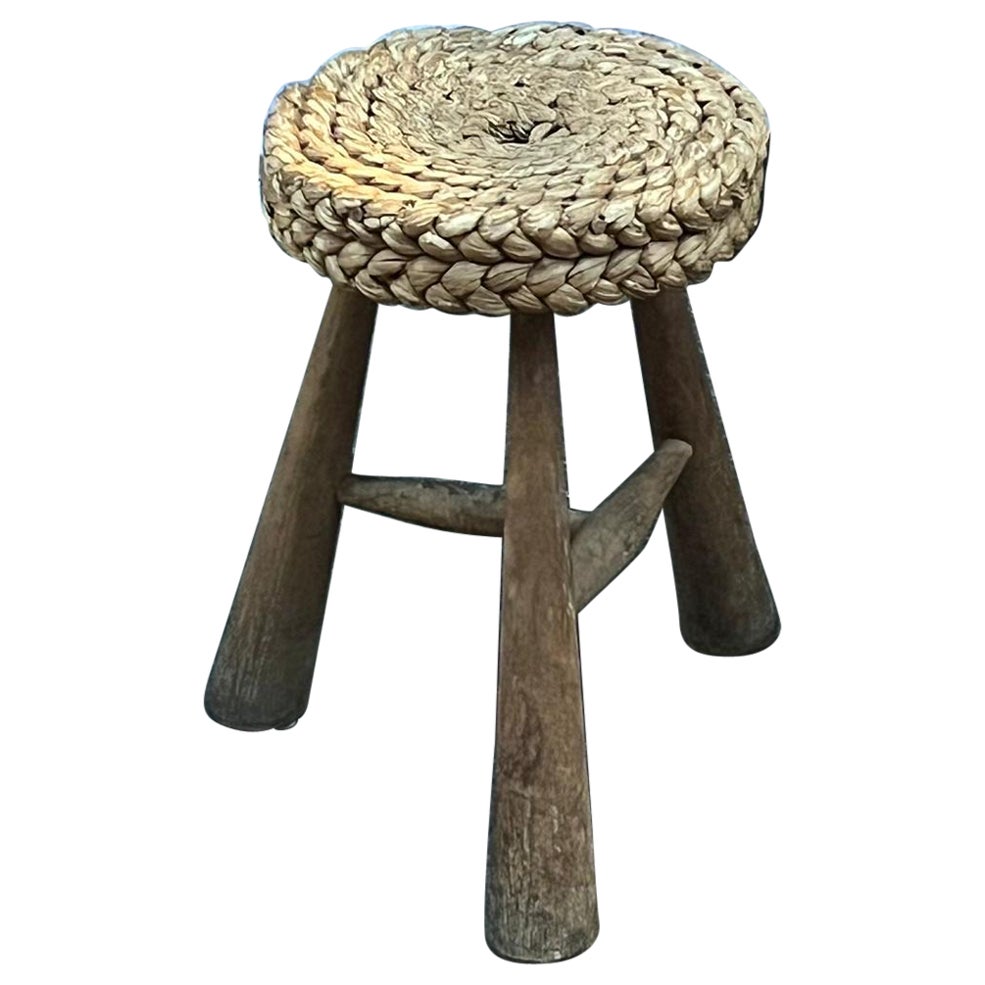 Stool in wood and raffia For Sale
