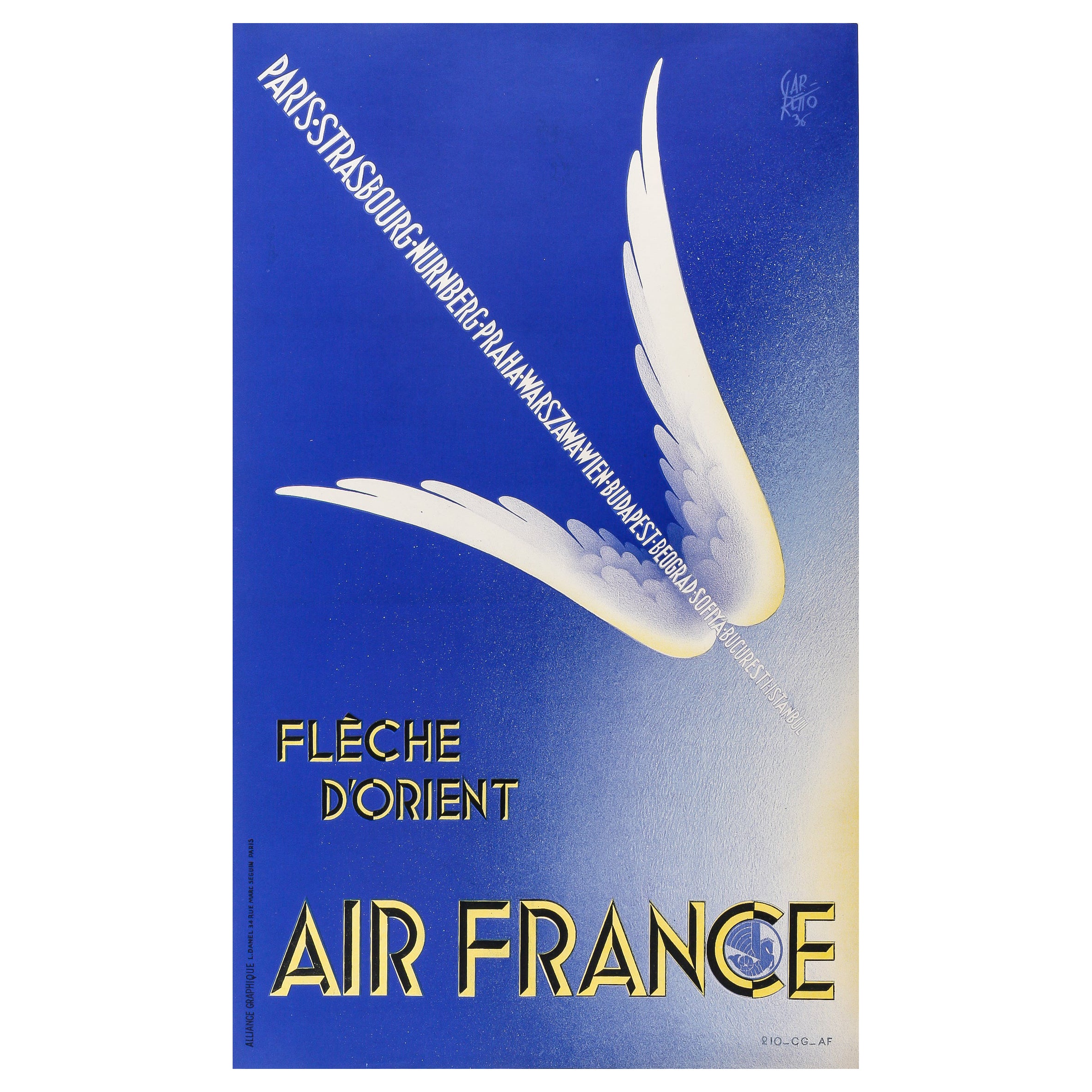 Garretto, Original Air France Poster, Fleche d'Orient, Pegasus Europe Paris 1936 For Sale